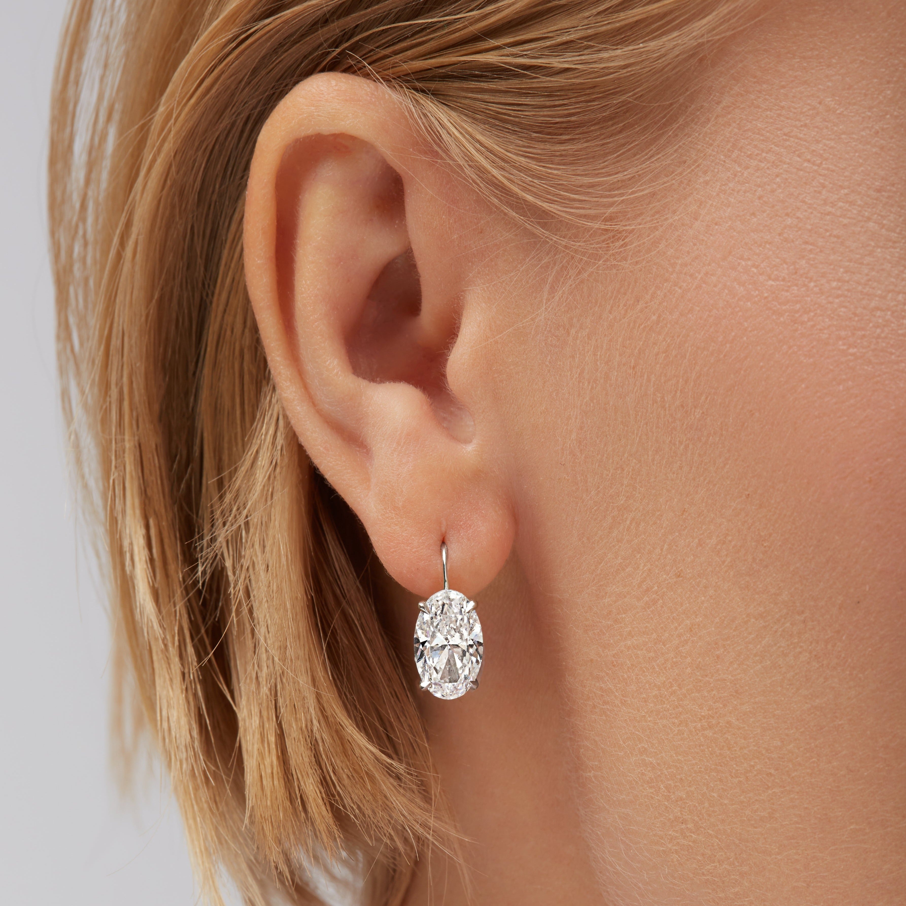 Oval Shaped Diamond Leverback Earrings in 18K White Gold, GIA Certified