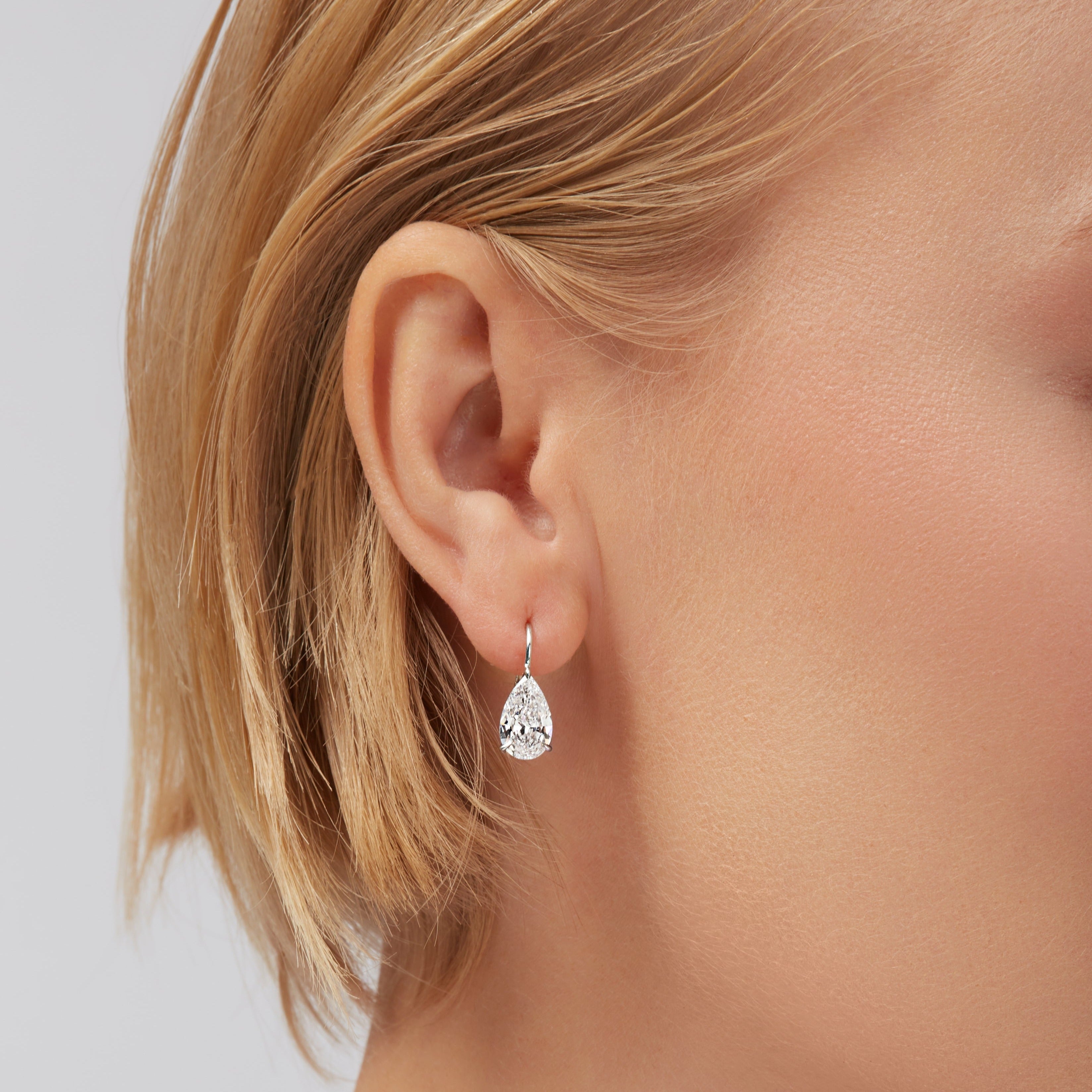 Pear Shaped Diamond Leverback Earrings in 18K White Gold, GIA Certified