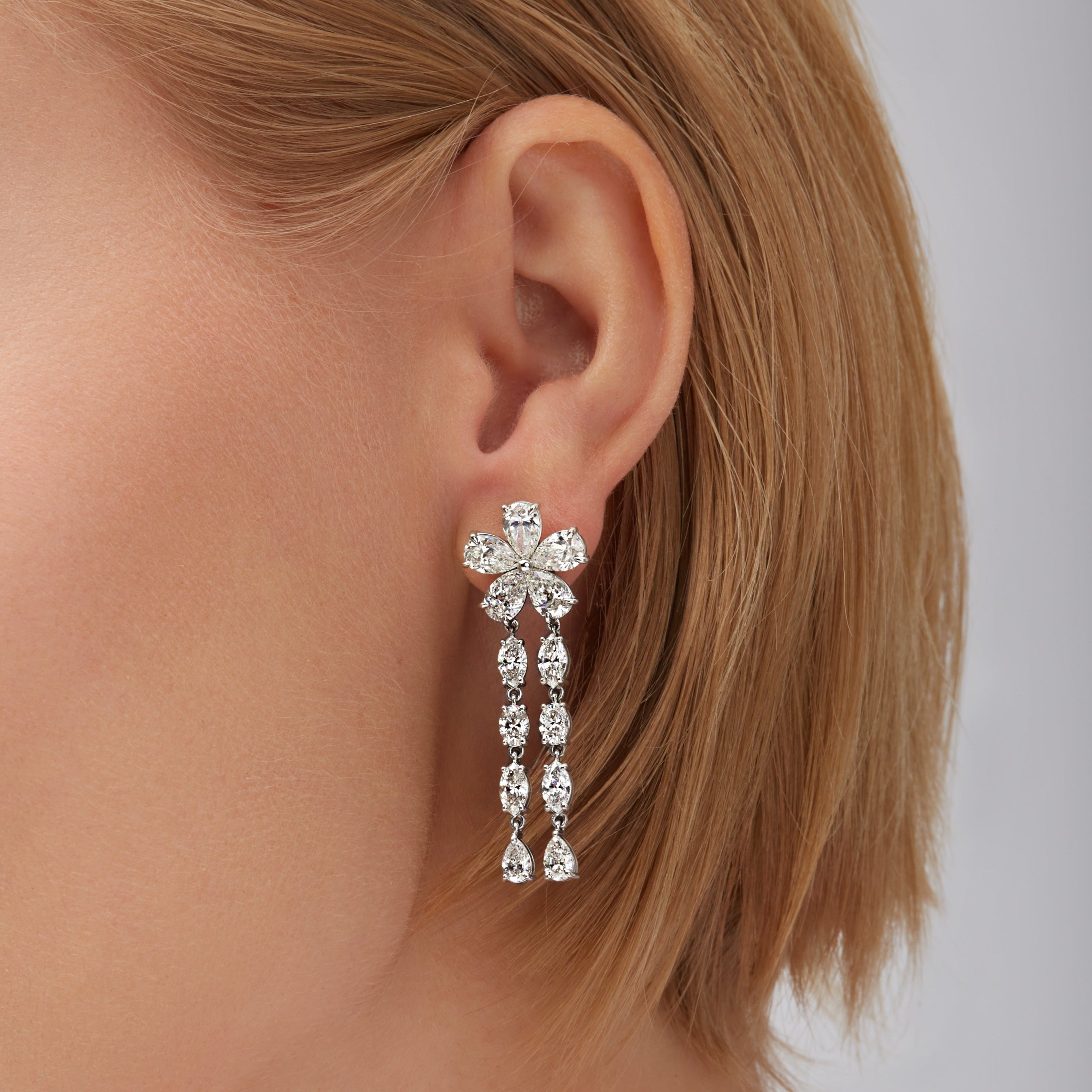 9.09ctw Flower Shape Diamond Dangle Earrings with Fancy Shaped Diamond Drops in 18K White Gold