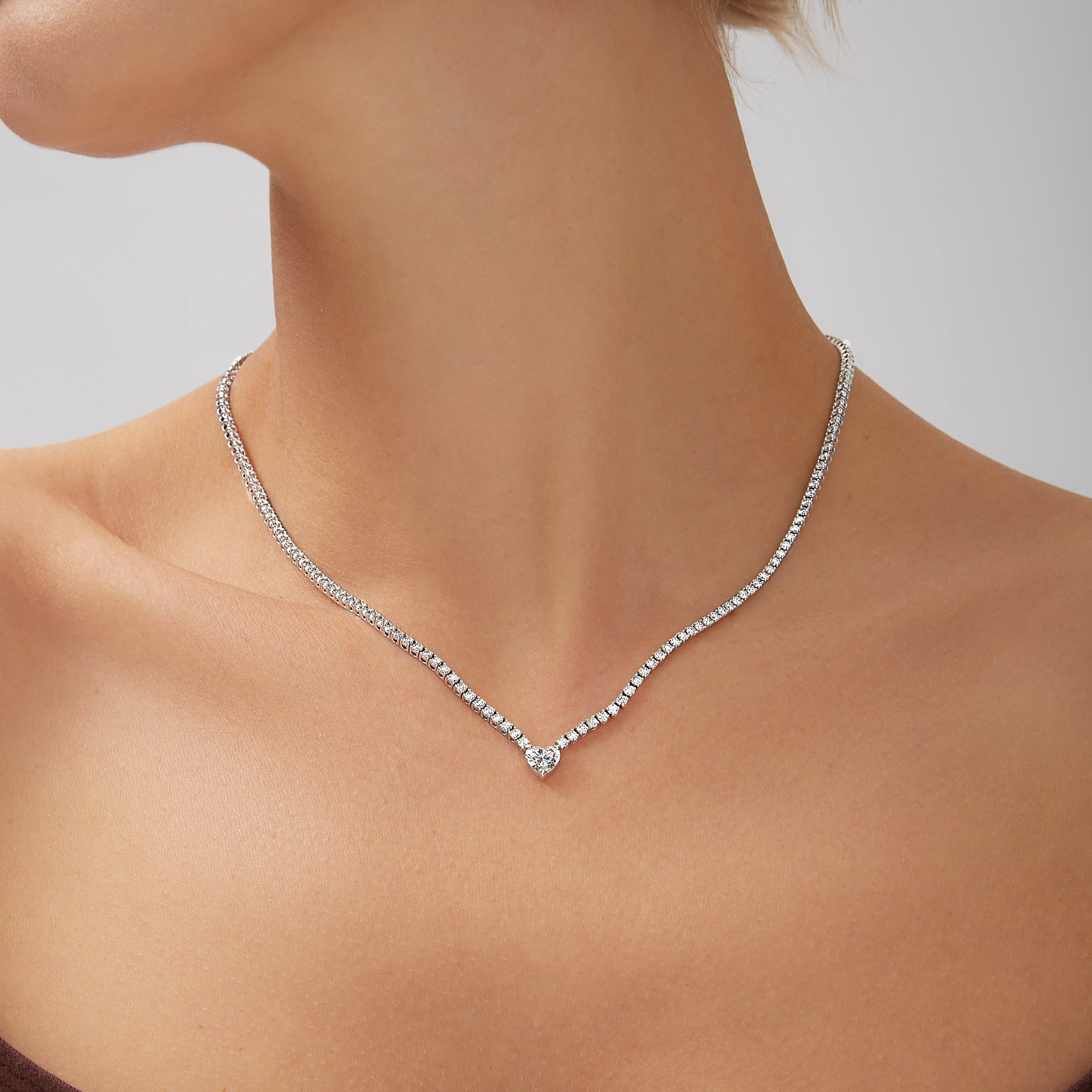 5.91ct Heart Shape Center Stone Diamond Tennis Necklace in 18K White Gold