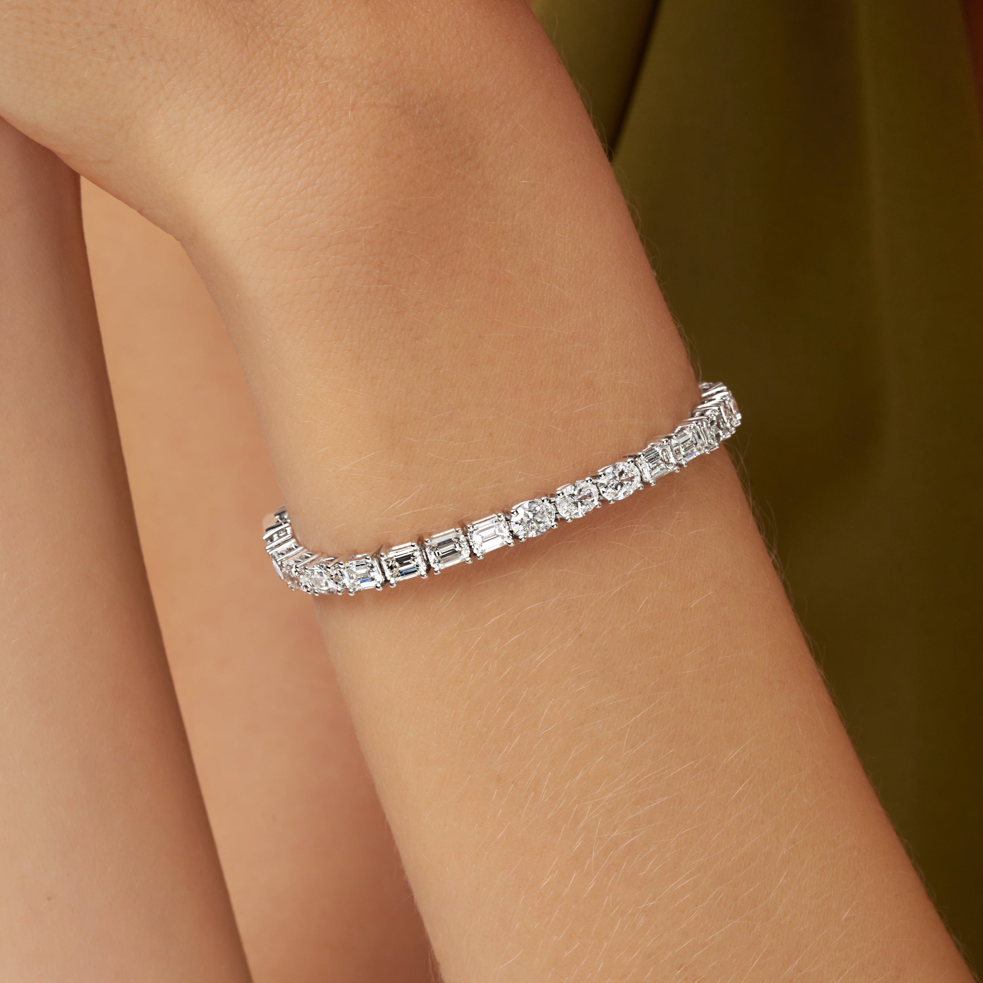 9.61ctw East-West Emerald Cut and Oval Cut Diamond Tennis Bracelet in 18K White Gold