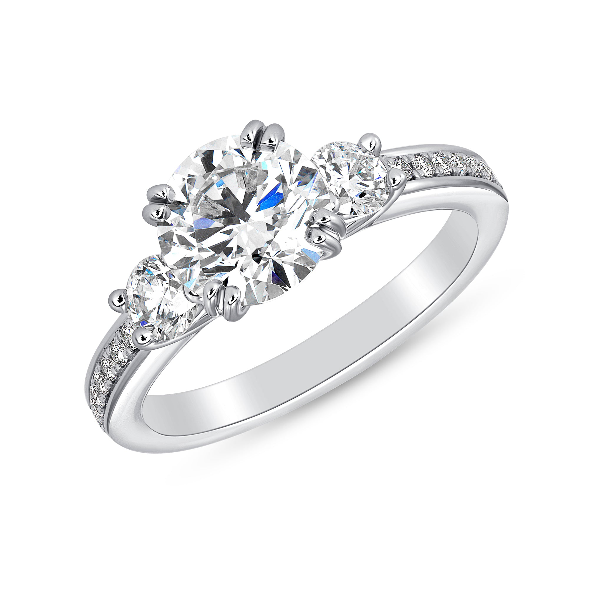 Round Cut Diamond Three Stone Ring in Channel Set White Gold Band