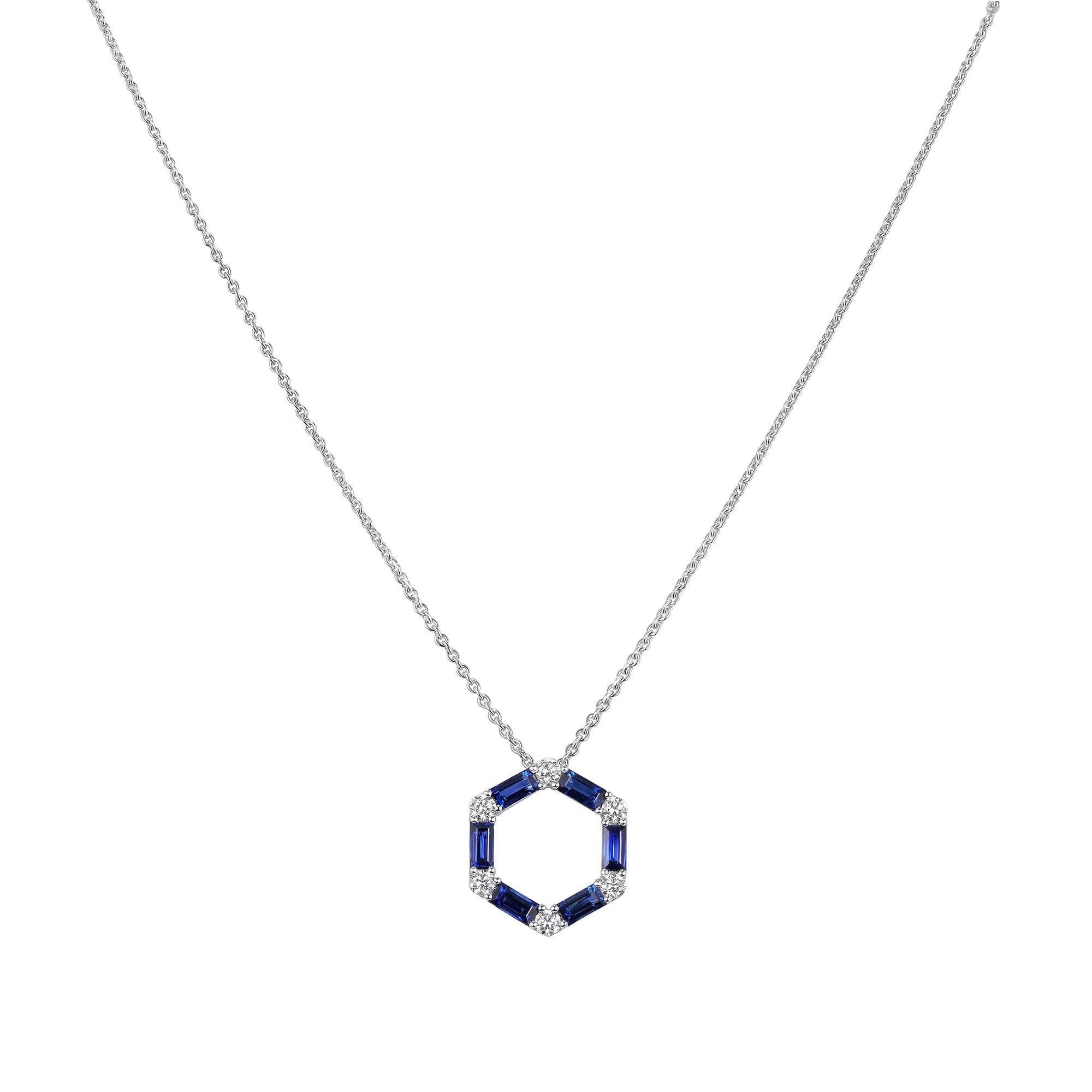 Blue Sapphire and Diamond Circle Pendant Necklace in 18K White Gold