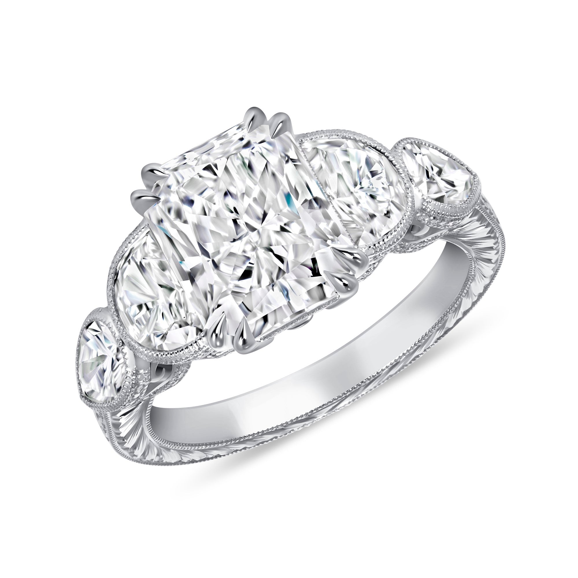 Radiant-Cut Diamond Three-Stone Ring with Milgrain Detail in Platinum