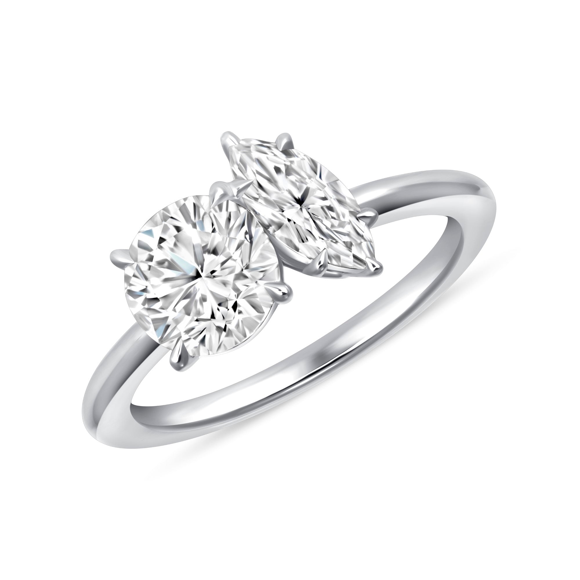 Round and Marquise Cut Diamond Toi et Moi Ring in Platinum
