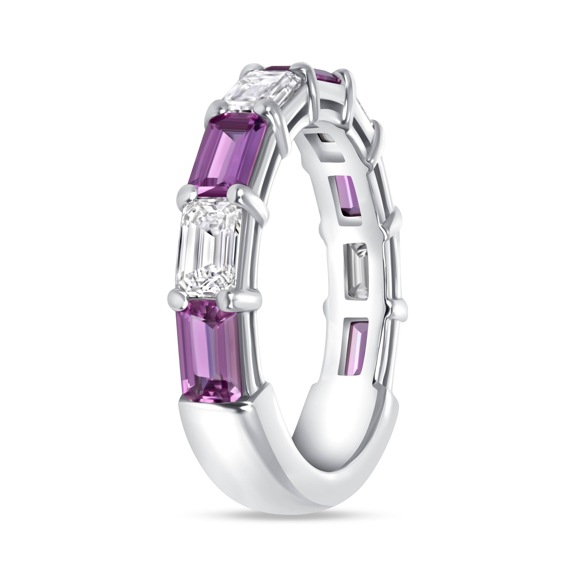 Emerald-Cut Pink Sapphire and Diamond Eternity Band in 18K White Gold