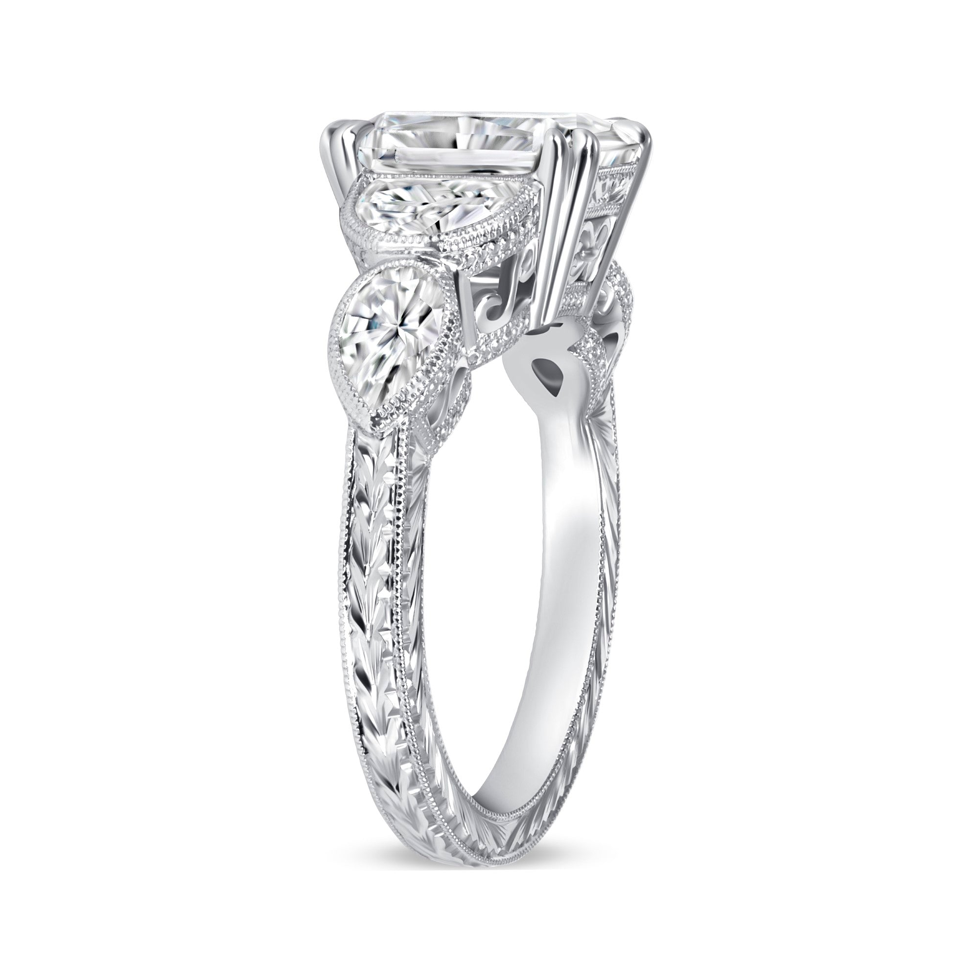 Radiant-Cut Diamond Three-Stone Ring with Milgrain Detail in Platinum