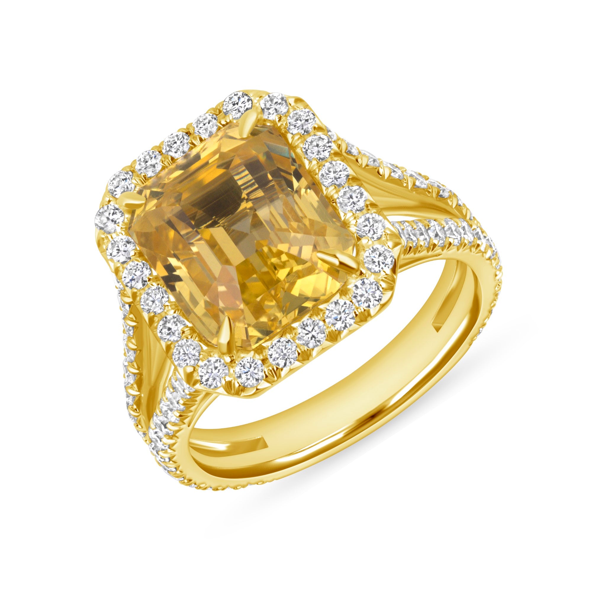 Emerald Cut Yellow Diamond Halo Pavé Ring in 18K Yellow Gold