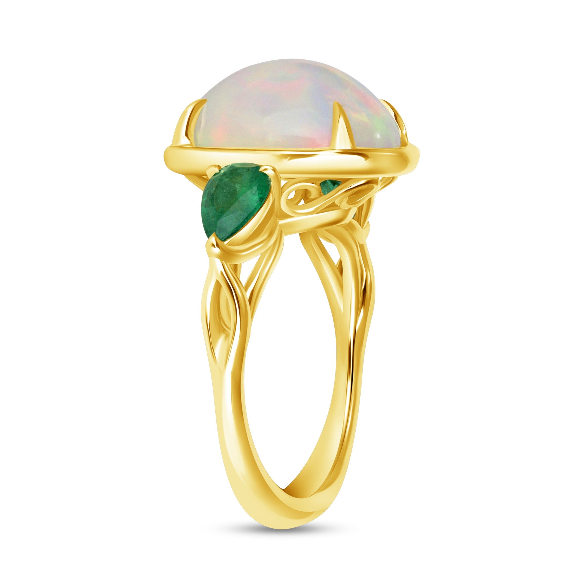 Oval Cut Opal and Pear Cut Emerald Three Stone Ring in 18K Yellow Gold