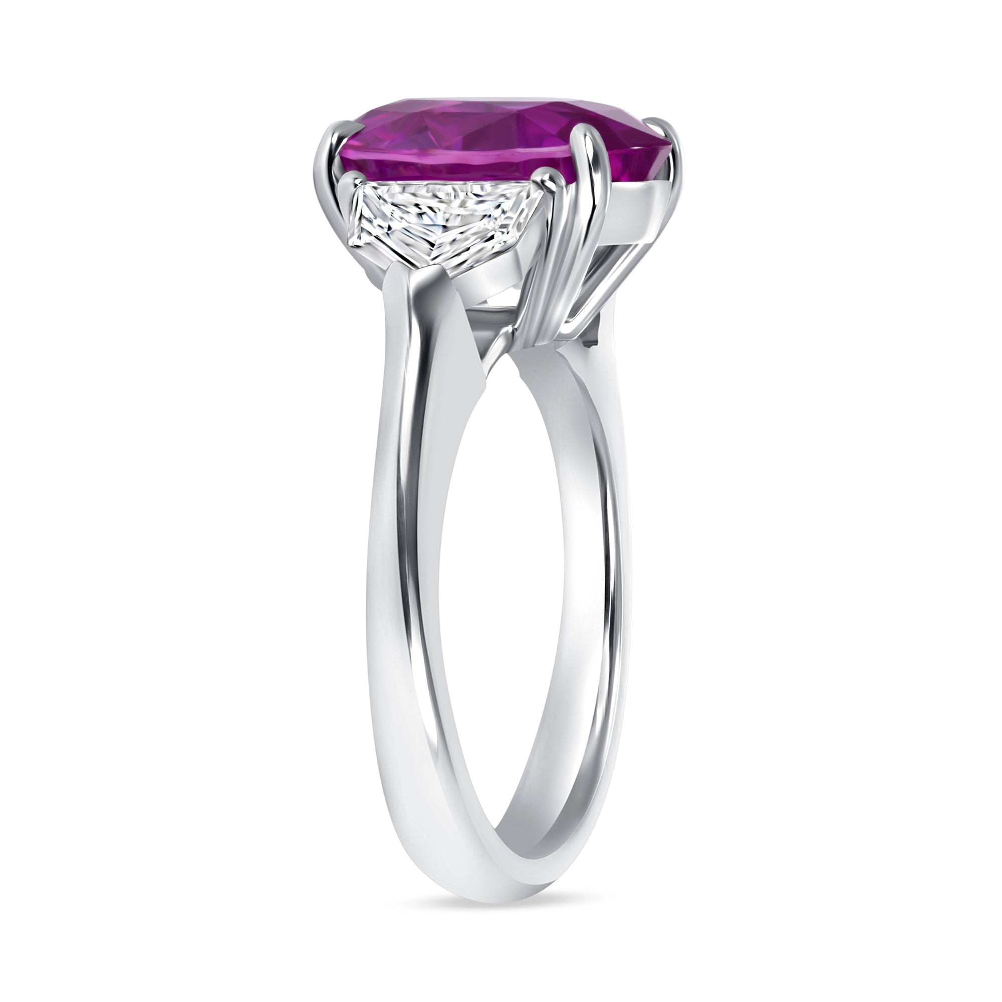 Oval Cut Pink Sapphire and Trapezoid Diamond Three Stone Ring in Platinum