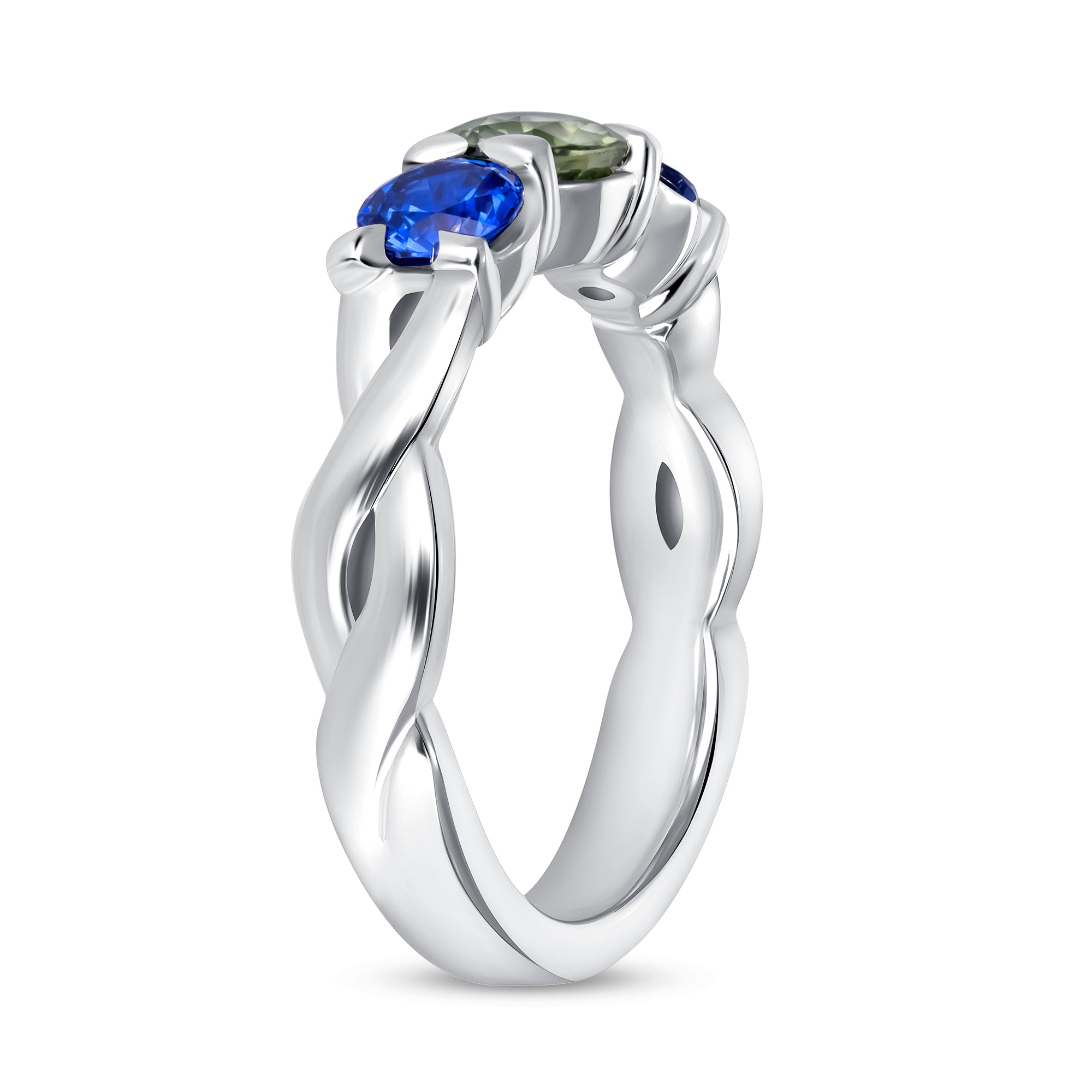 Green and Blue Sapphire Three Stone Ring in 18K White Gold