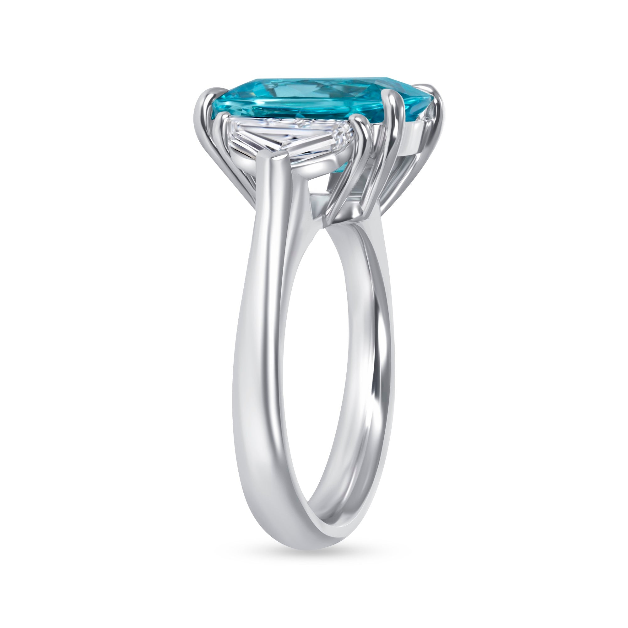 Cushion Cut Paraiba Tourmaline and Trapezoid Diamond Three Stone Ring in Platinum