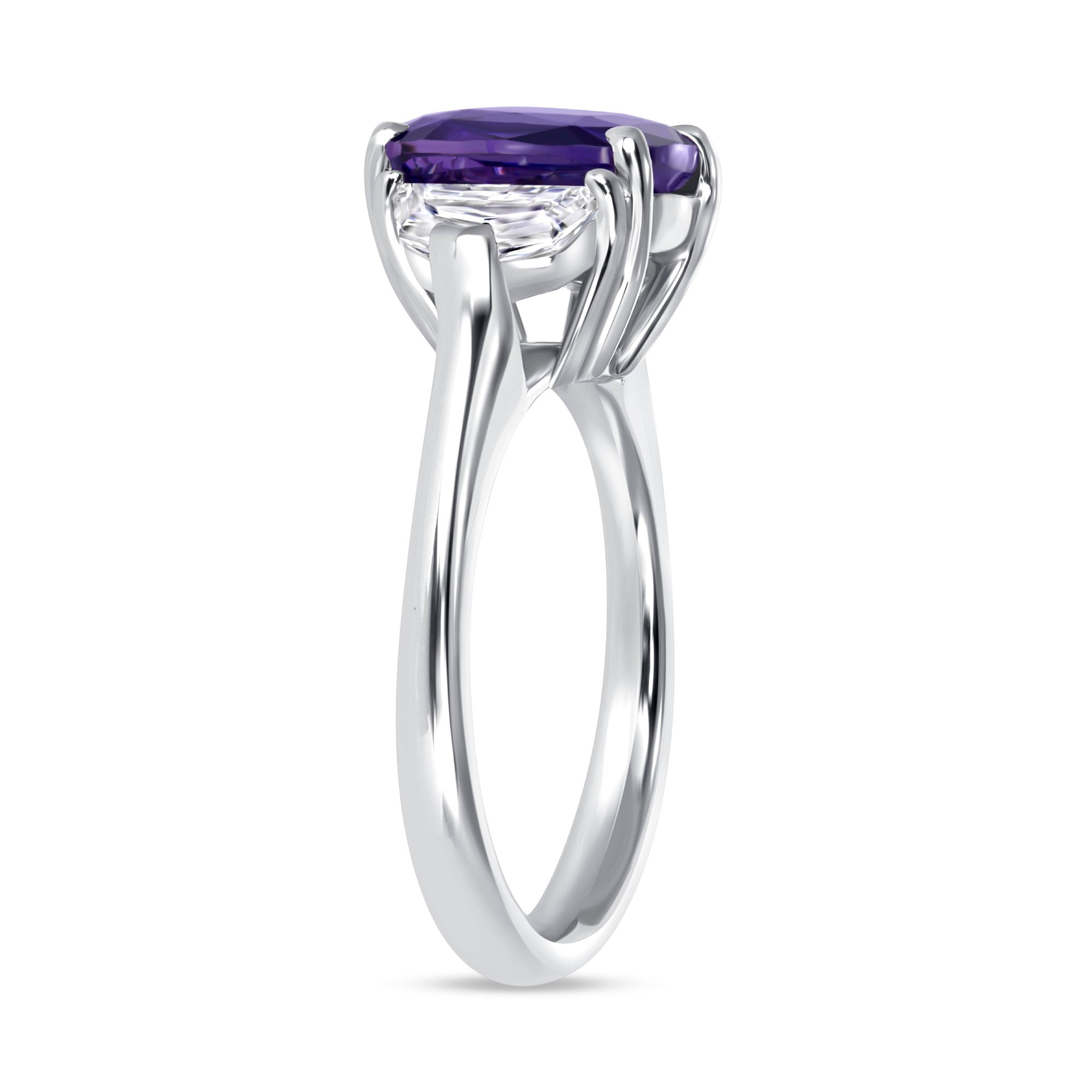 Cushion Cut Purple Sapphire and Trapezoid Diamond Three Stone Ring in Platinum