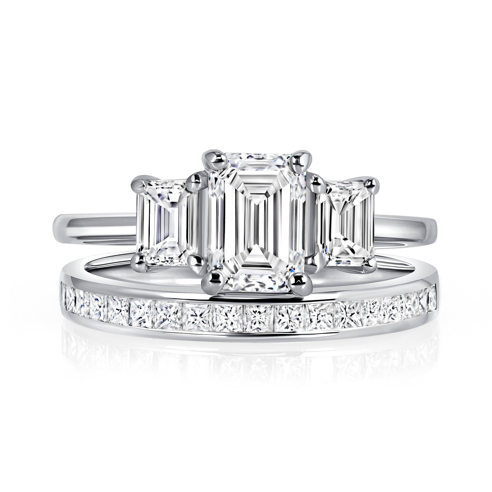 Emerald Cut Diamond Engagement Ring with Emerald-Cut Side Stones & Pavé Wedding Band in Platinum