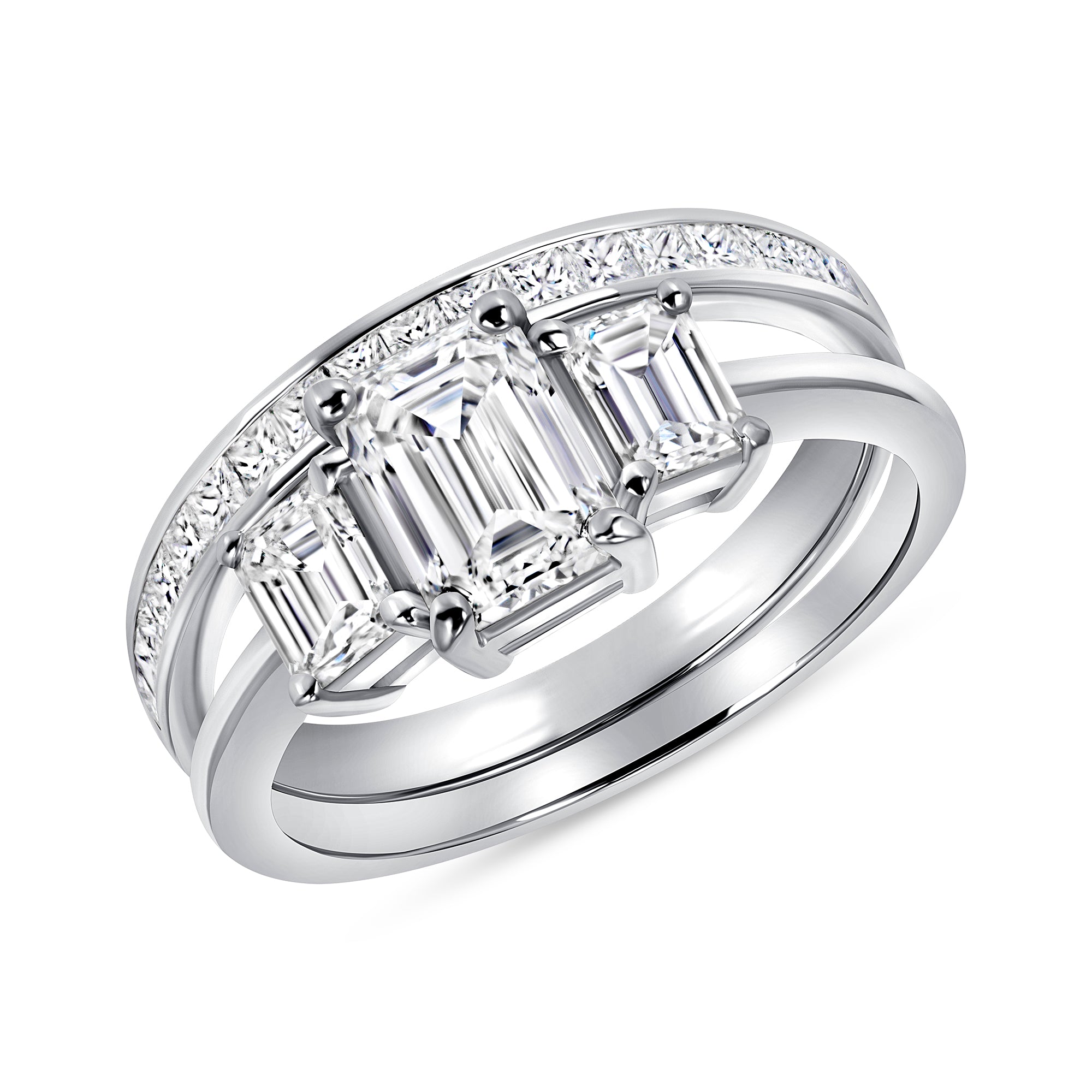 Emerald Cut Diamond Engagement Ring with Emerald-Cut Side Stones & Pavé Wedding Band in Platinum