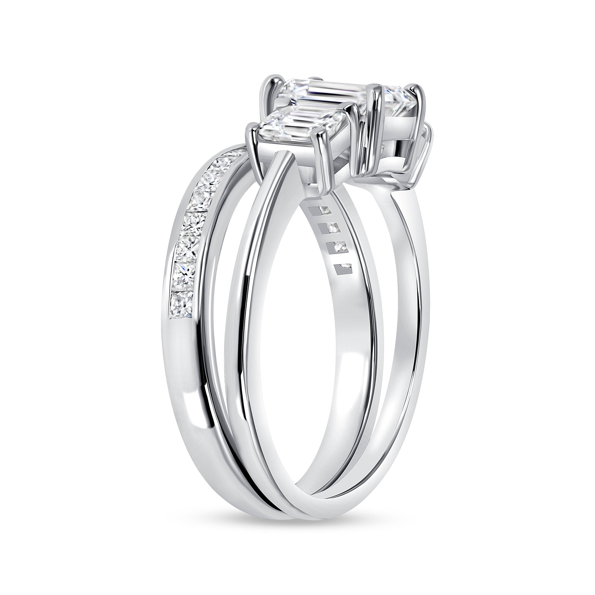 Emerald Cut Diamond Engagement Ring with Emerald-Cut Side Stones & Pavé Wedding Band in Platinum