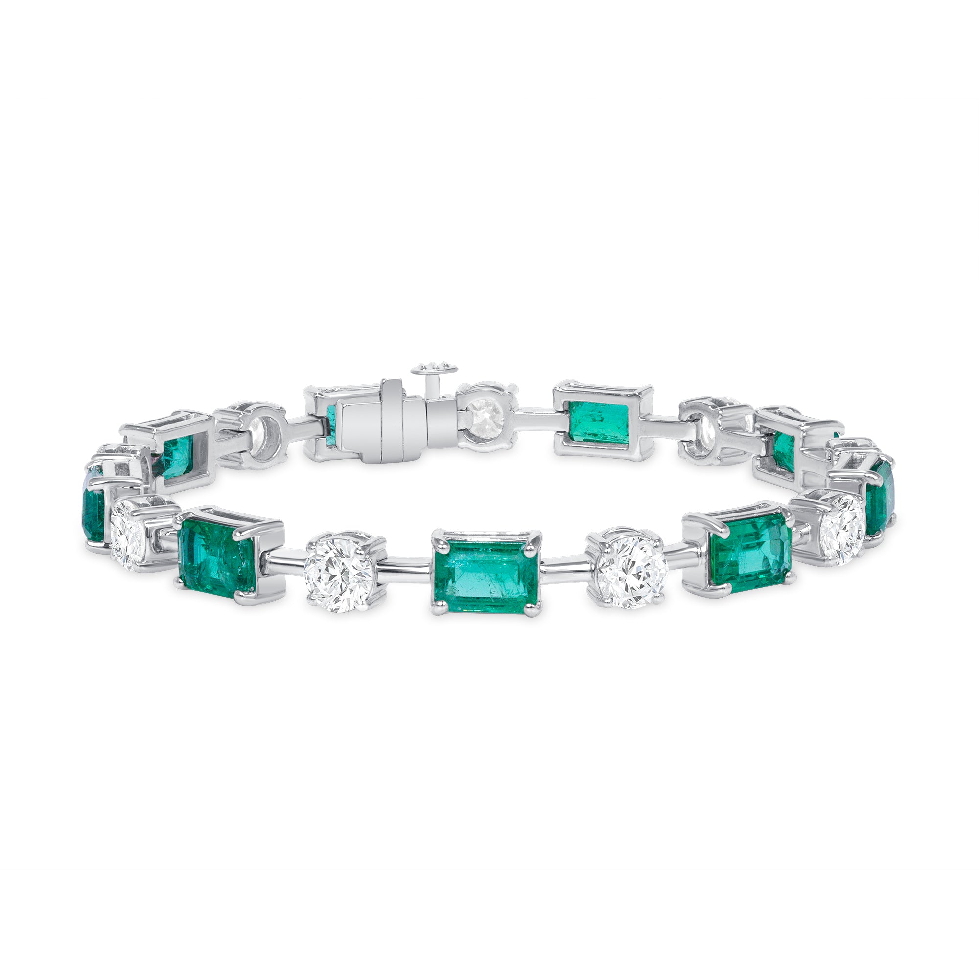12.69ctw Alternating Emerald Cut Emerald and Round Brilliant Cut Diamond Tennis Bracelet in 18K White Gold