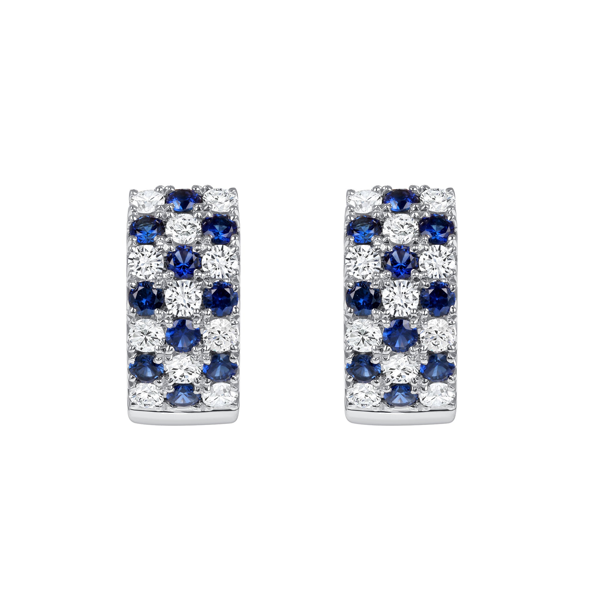 Checkered Sapphire and Diamond Huggie Earrings in 18K White Gold