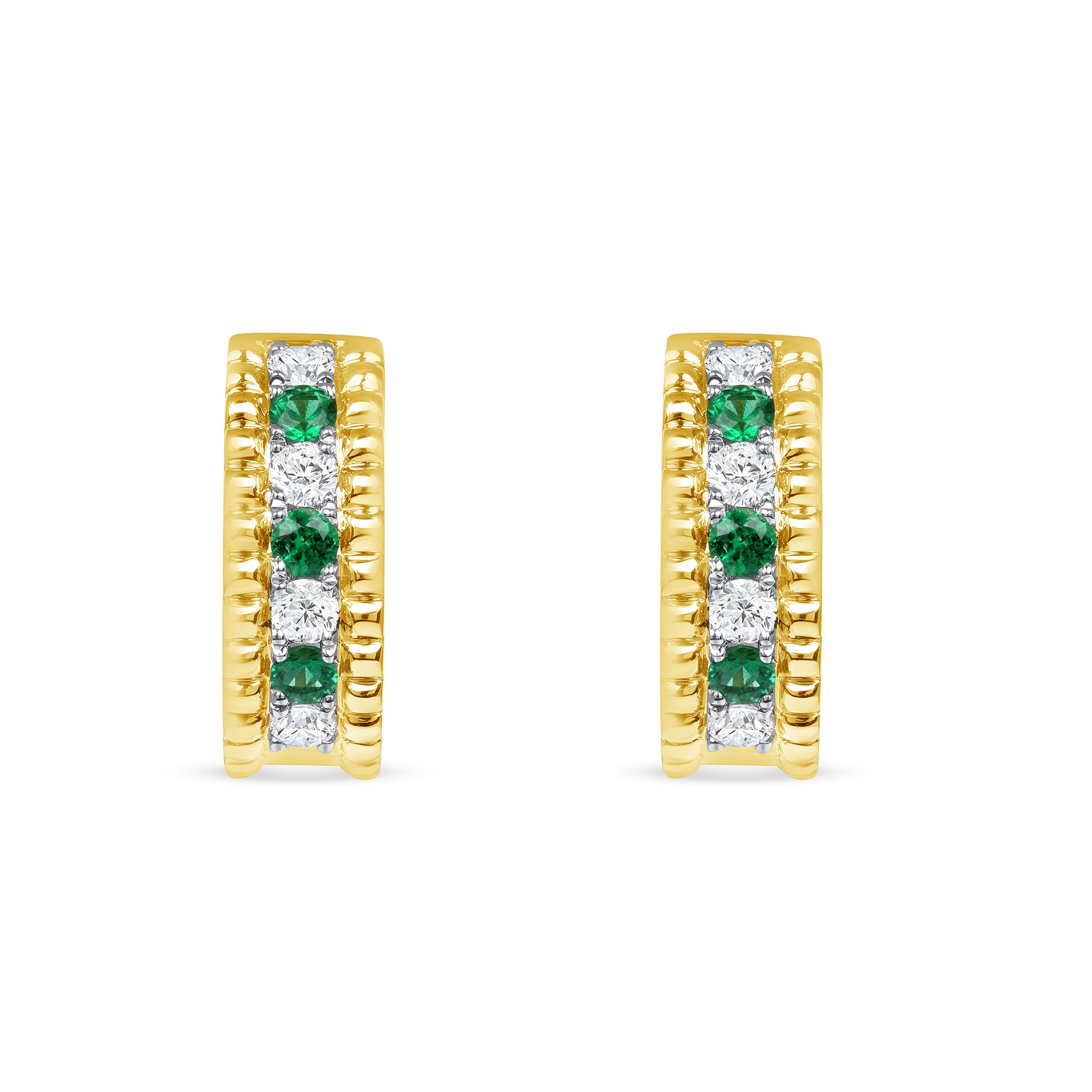 Alternating Diamond and Emerald Huggie Earrings in 18K Yellow Gold