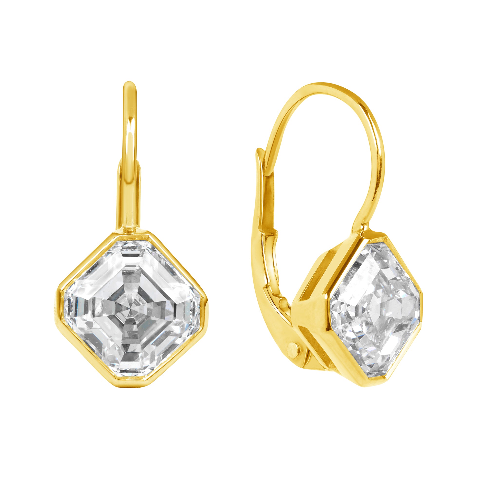 Asscher Cut Bezel Set Diamond Dangle Earrings in 18K Yellow Gold, GIA Certified