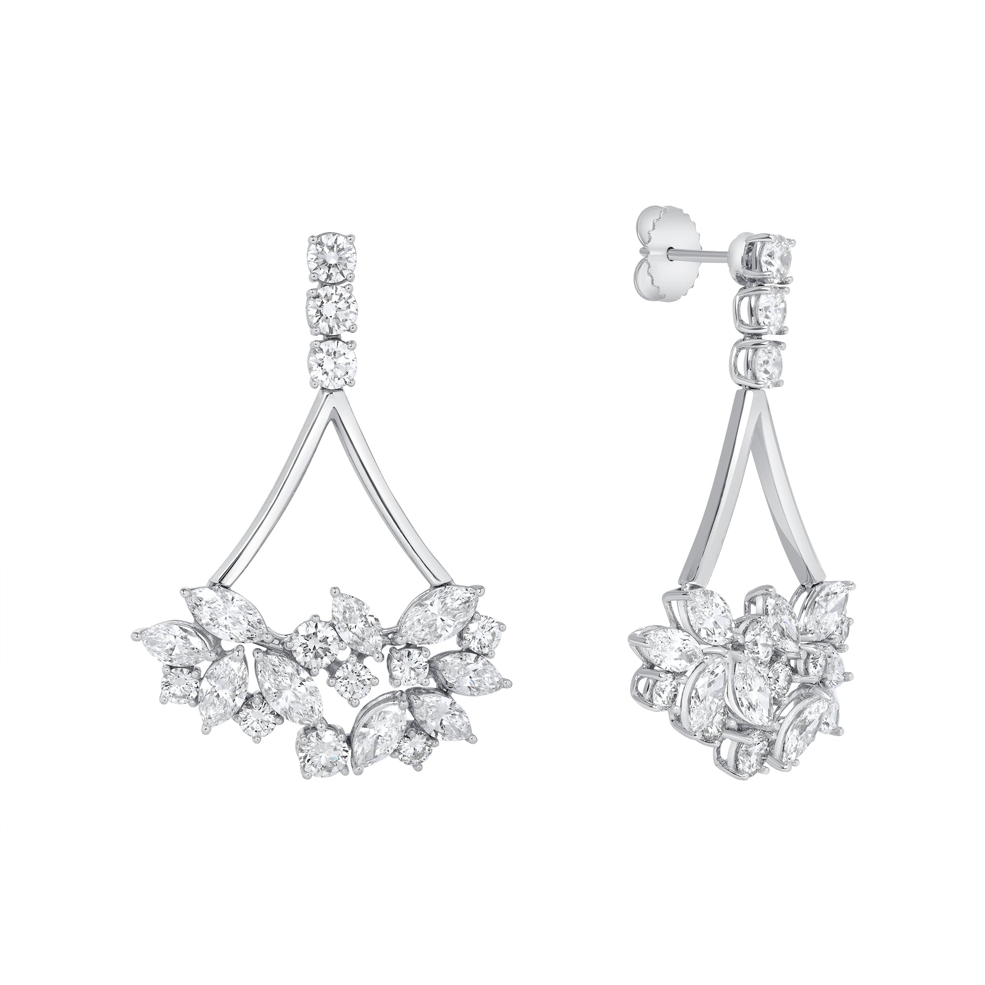 Marquise & Round Brilliant Cut Diamond Drop Bouquet Earrings in 18K White Gold