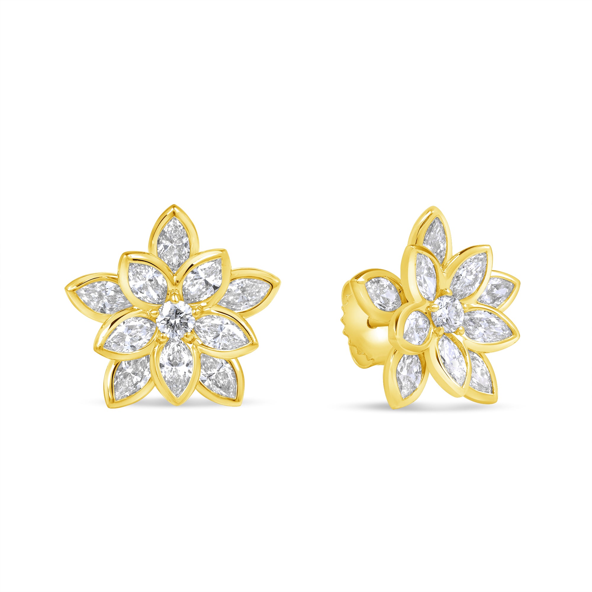 Dimensional Flower Shape Marquise & Round Brilliant Diamond Stud Earrings in 18K Yellow Gold