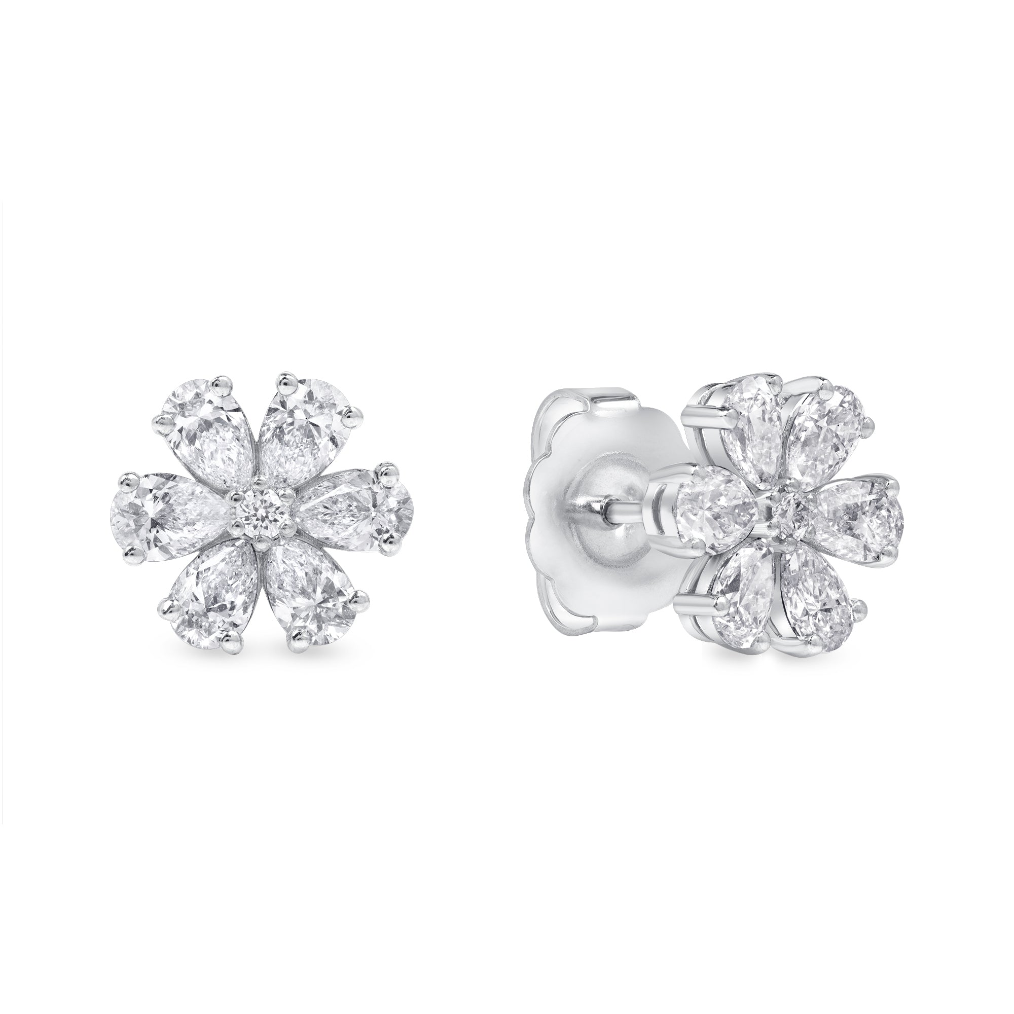 6 Petal Flower Diamond Stud Earrings in 18K White Gold