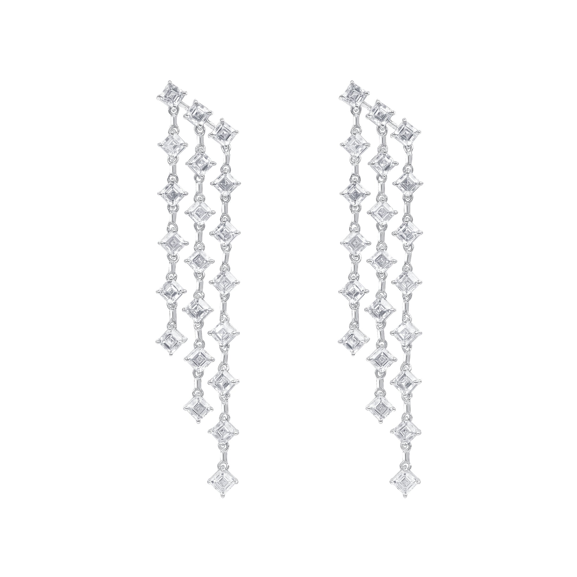 Asscher Cut Diamond 3 Tier Shoulder Duster Earrings in 18K White Gold