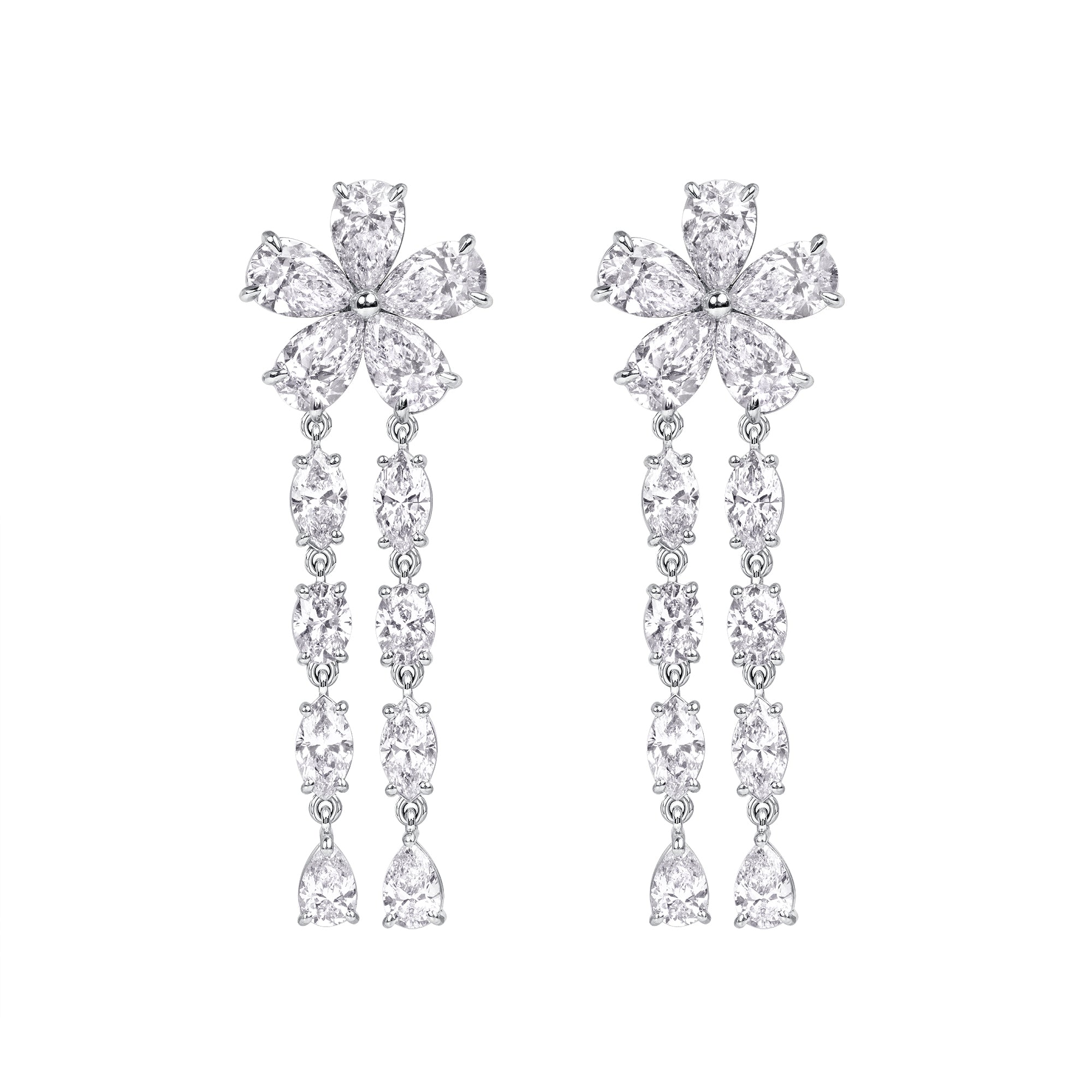 9.09ctw Flower Shape Diamond Dangle Earrings with Fancy Shaped Diamond Drops in 18K White Gold