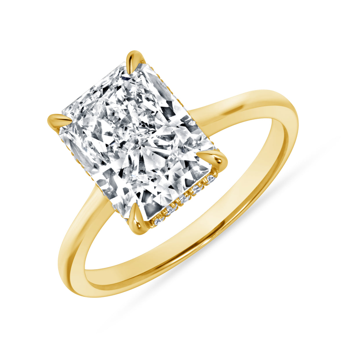 3.14ct Radiant Cut Diamond Hidden Halo Ring in 18k Yellow Gold Band, GIA Certified