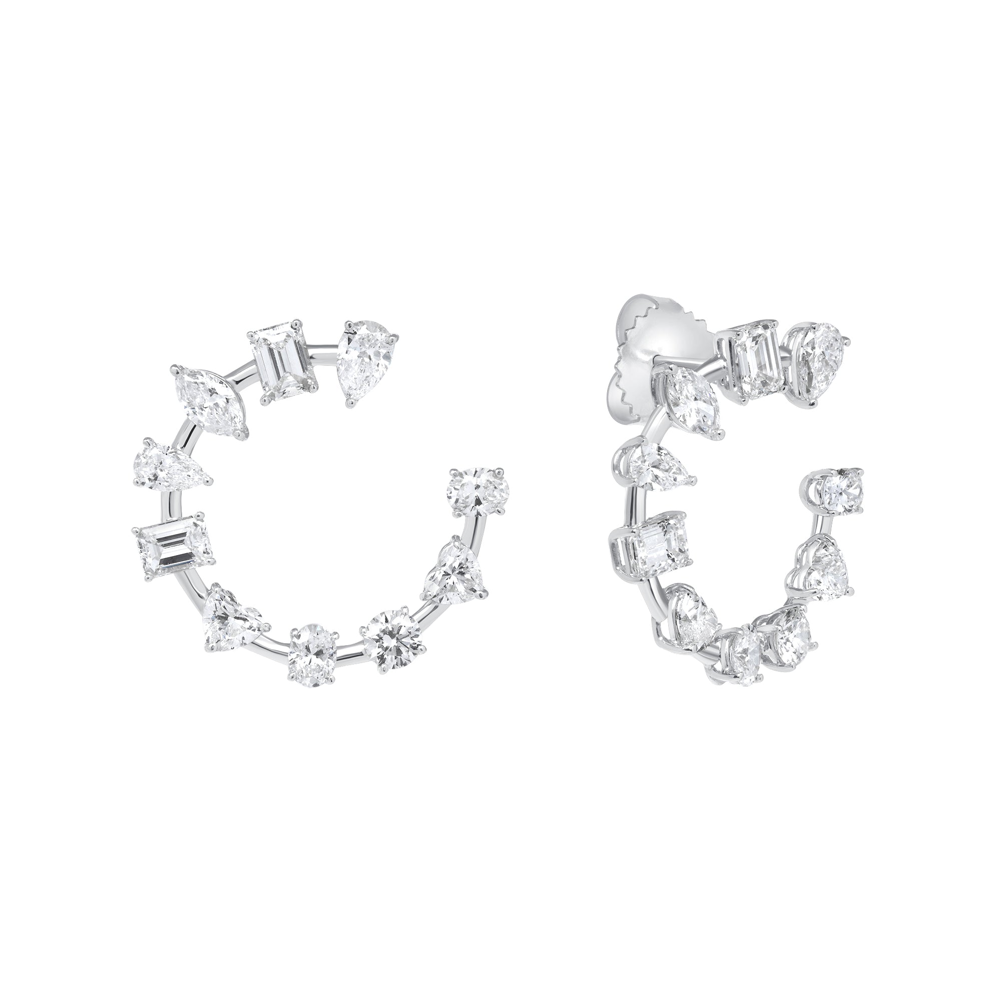 Multishape Diamond Swirl Hoop Earrings in 18K White Gold