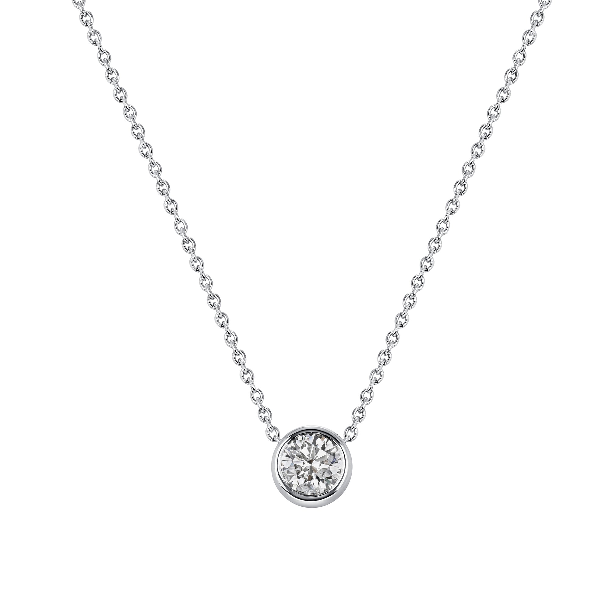 Round Cut Bezel Set Diamond Pendant Necklace in White Gold
