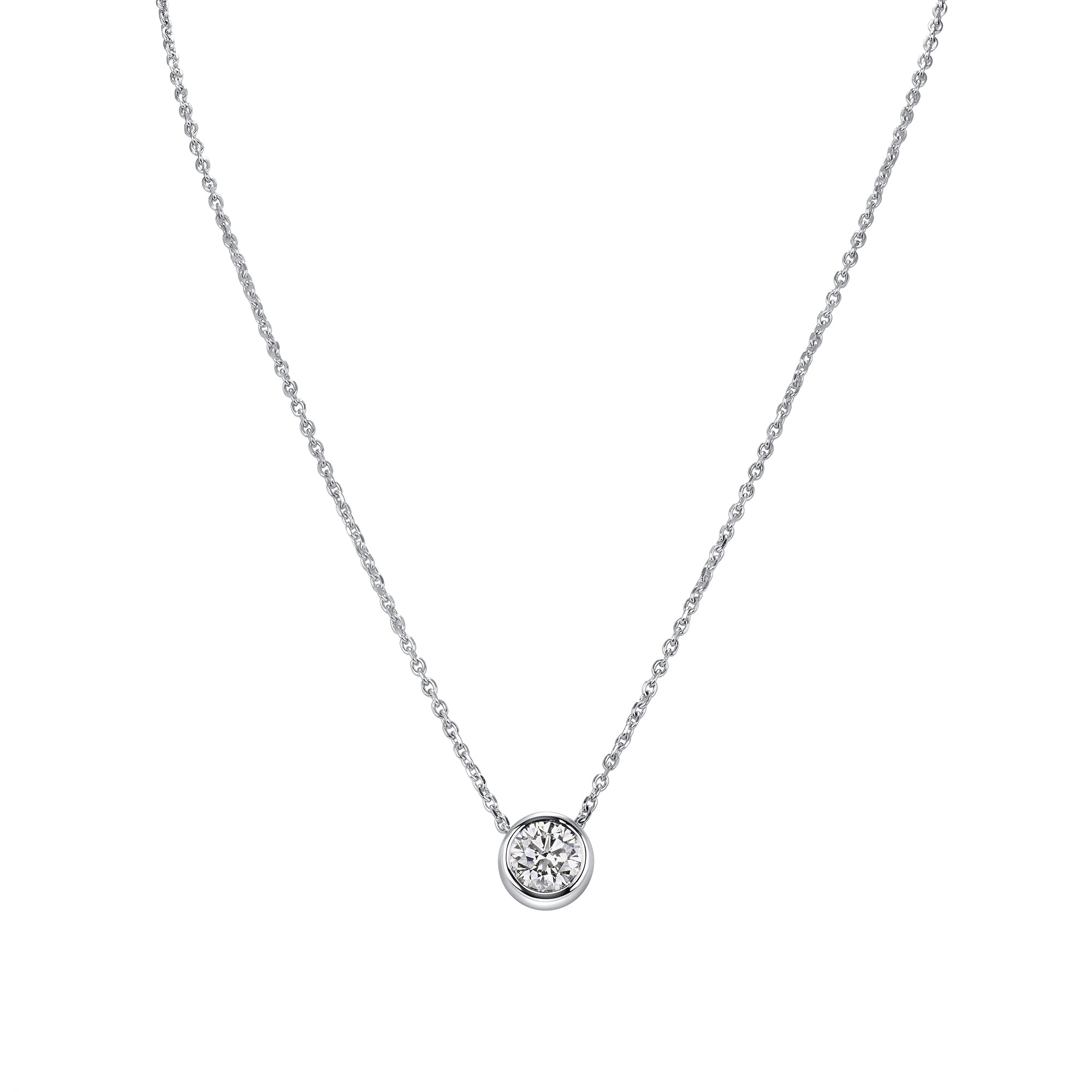 Round Cut Bezel Set Diamond Pendant Necklace in White Gold