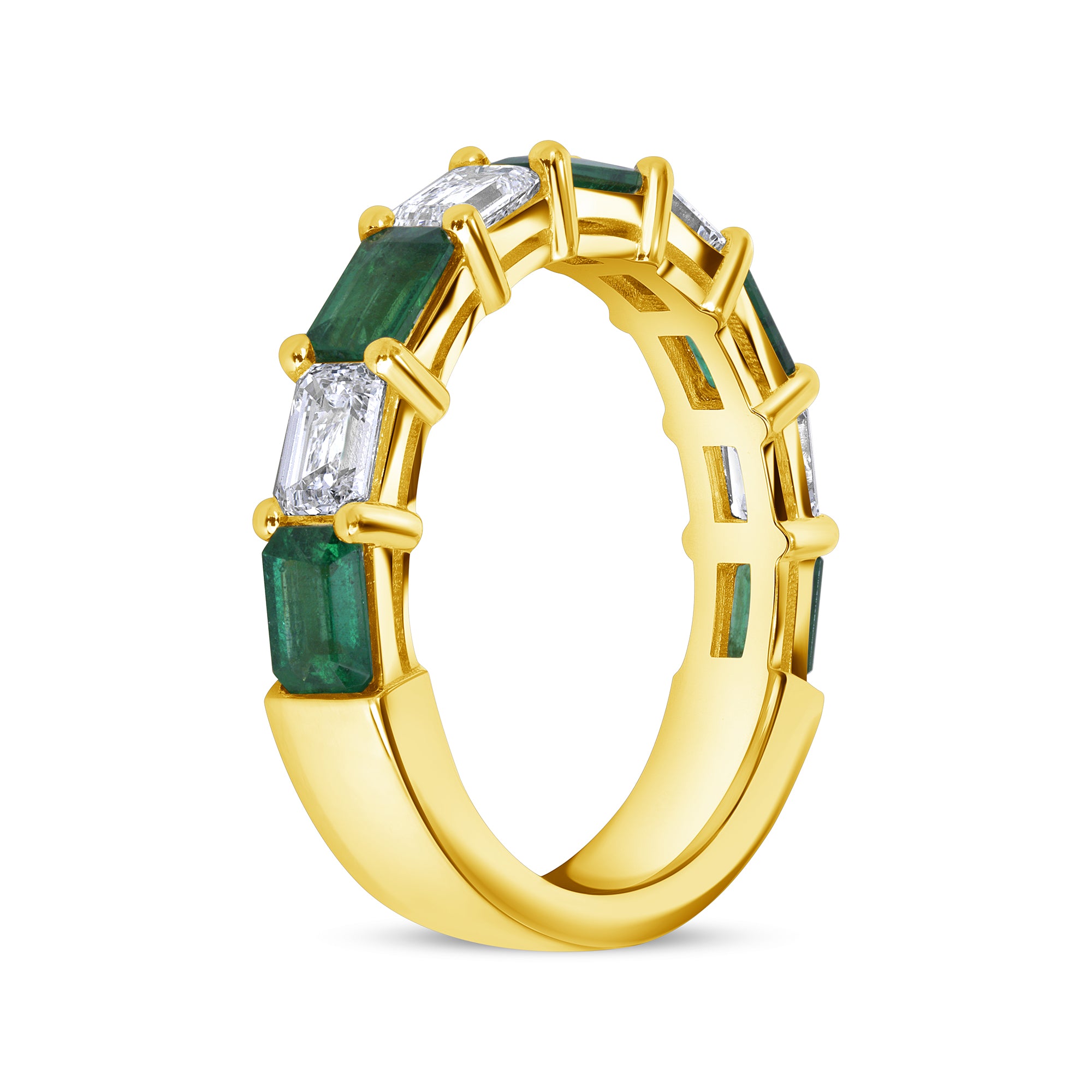 East-West Set Emerald Cut Diamond And Green Emerald Band Going 3/4 Way Around In 18 Karat Yellow Gold