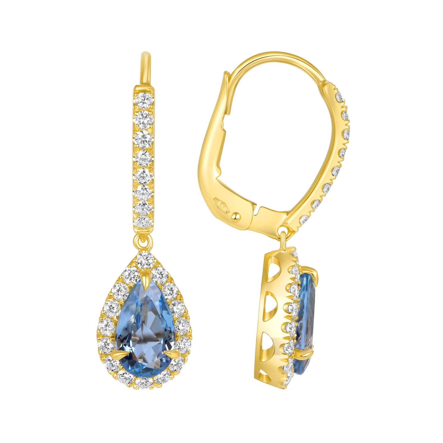 Pear-Shaped Blue Topaz and Diamond Halo Drop Earrings in 18K Yellow Gold