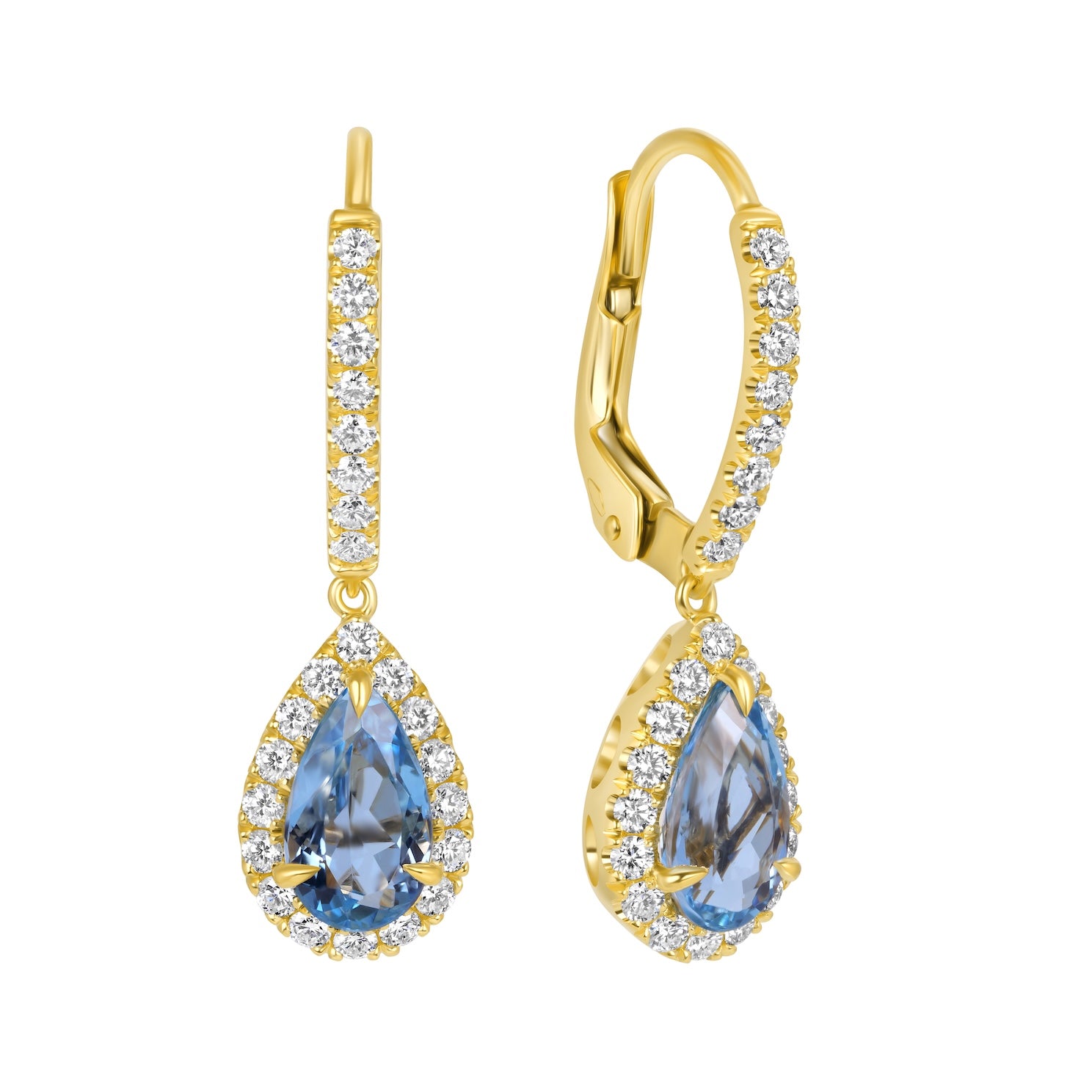 Pear-Shaped Blue Topaz and Diamond Halo Drop Earrings in 18K Yellow Gold
