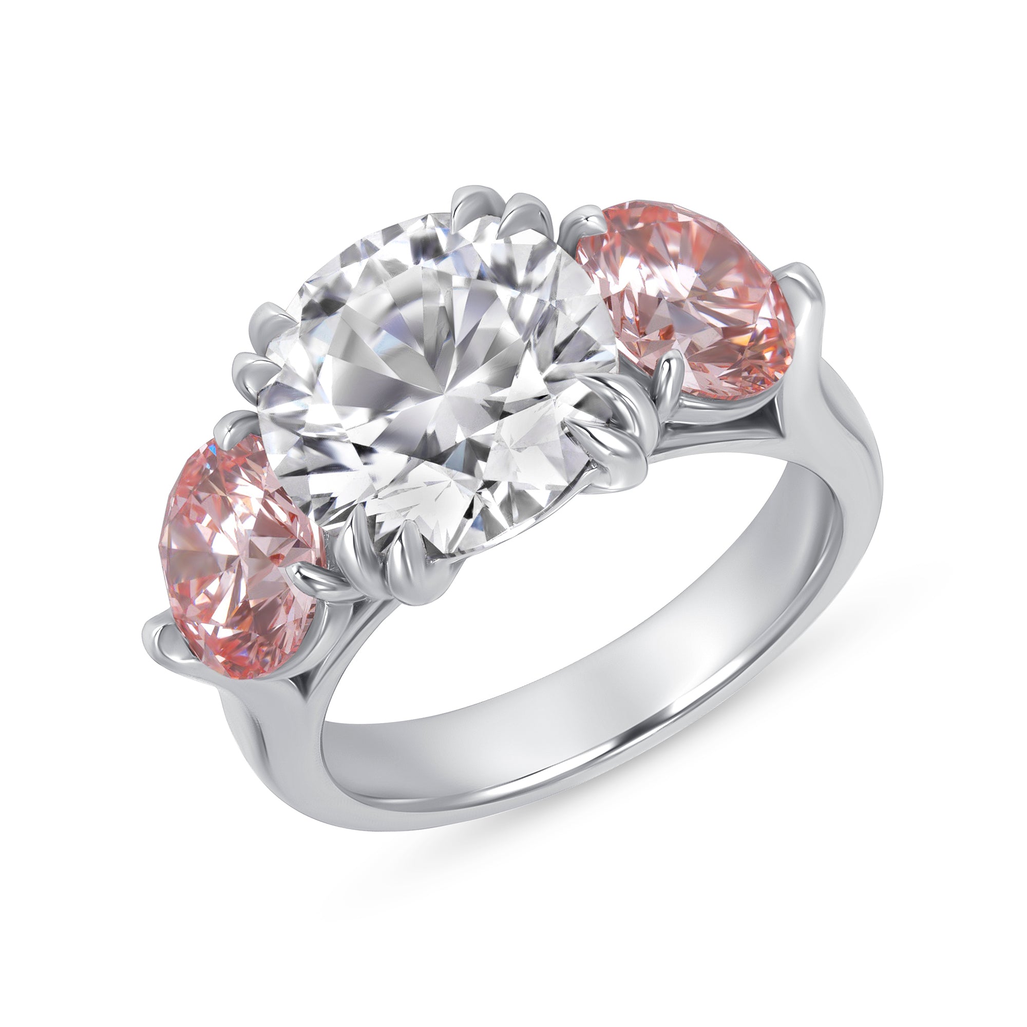 Round Brilliant White and Pink Diamond Three-Stone Ring in Platinum