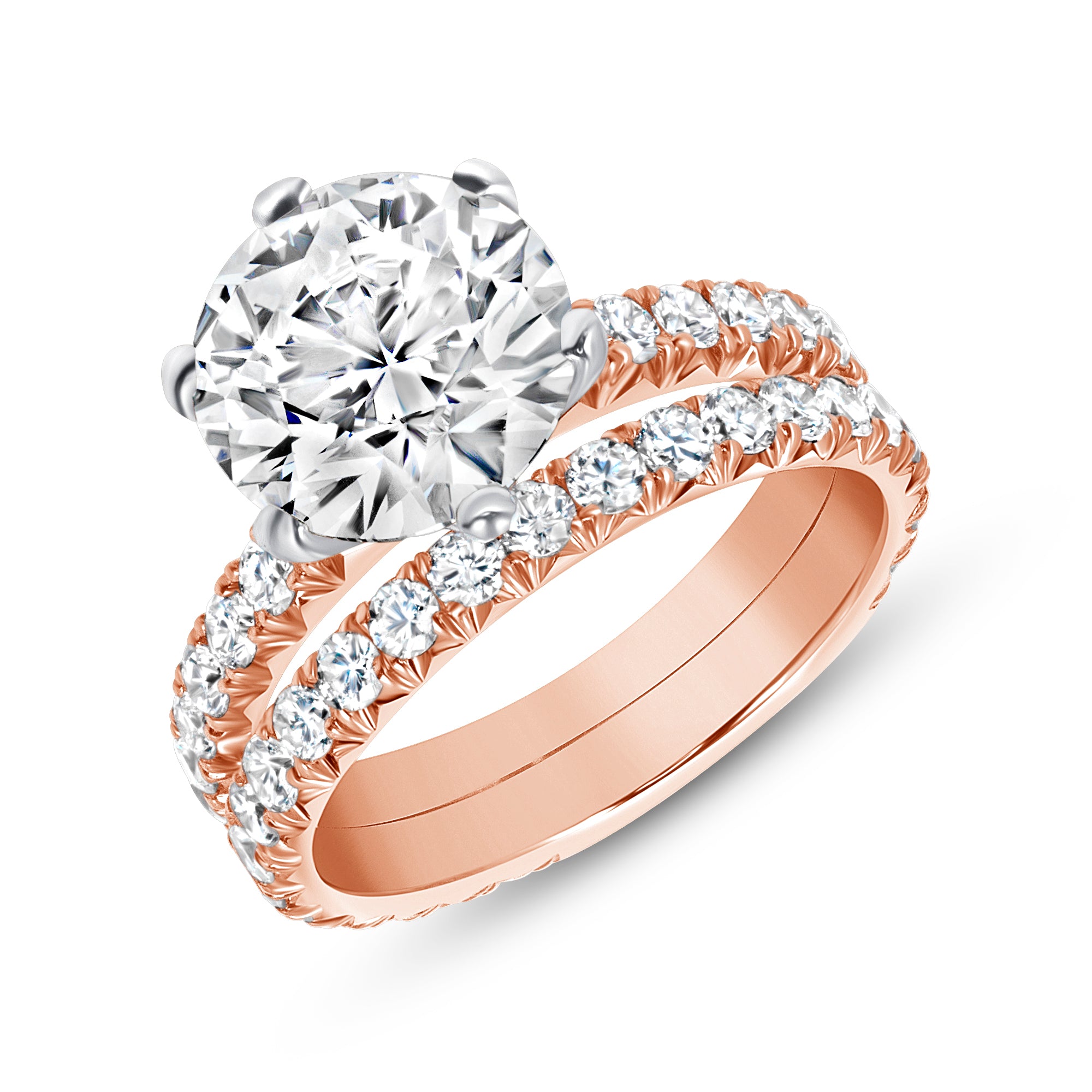 Round Brilliant Diamond Pavé Engagement Ring and Wedding Band in 18K White Gold & Rose Gold