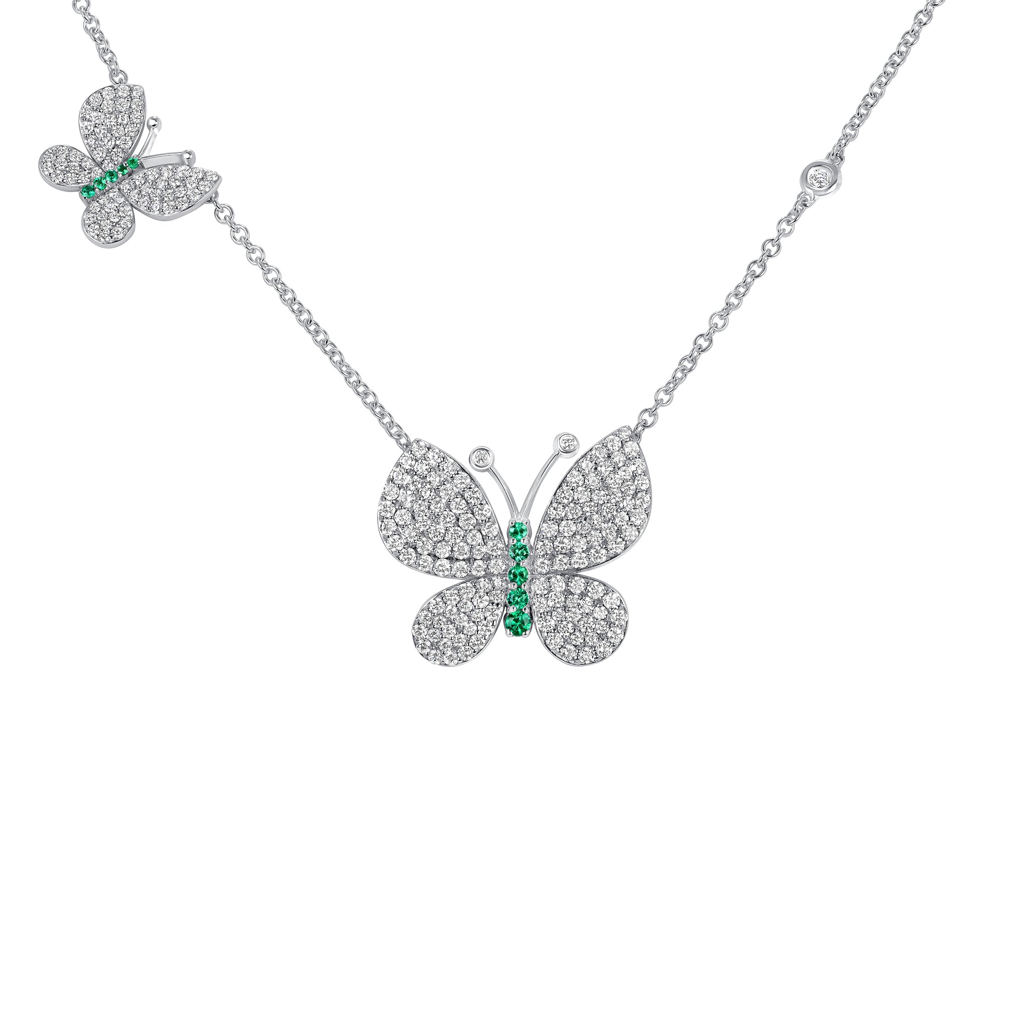 Diamond and Emerald Butterfly Station Necklace in 18K White Gold