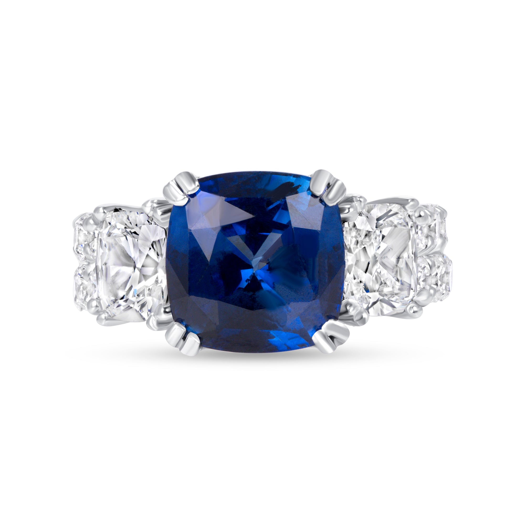 Cushion Cut Blue Sapphire and Diamond Three Stone Ring in 18K White Gold