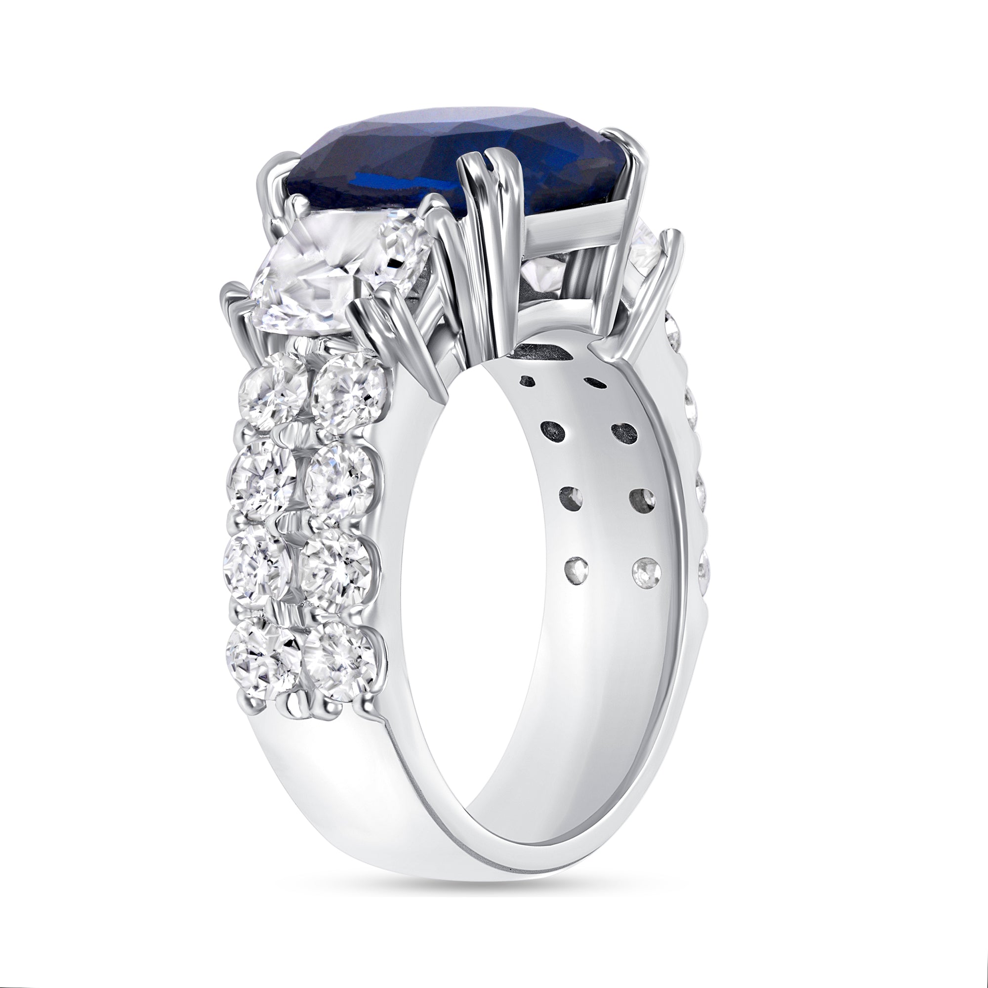 Cushion Cut Blue Sapphire and Diamond Three Stone Ring in 18K White Gold