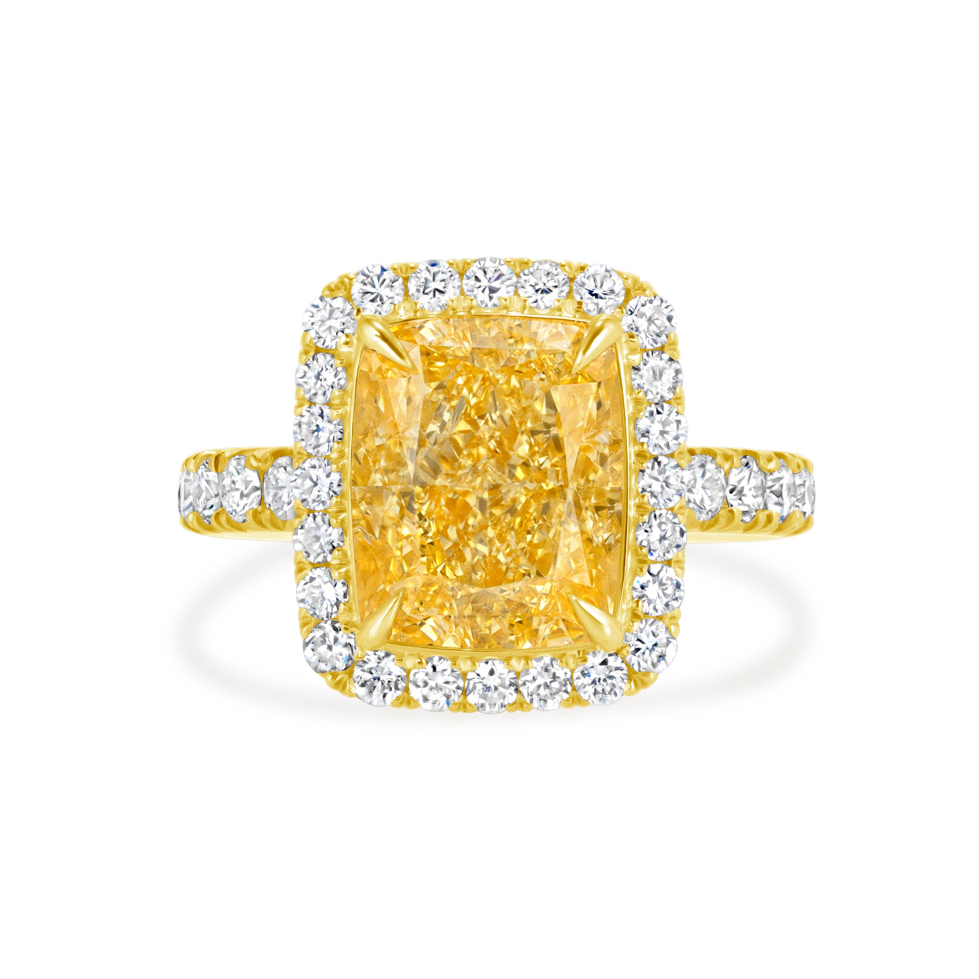 Radiant Cut Fancy Yellow Diamond Halo Ring in 18K Yellow Gold