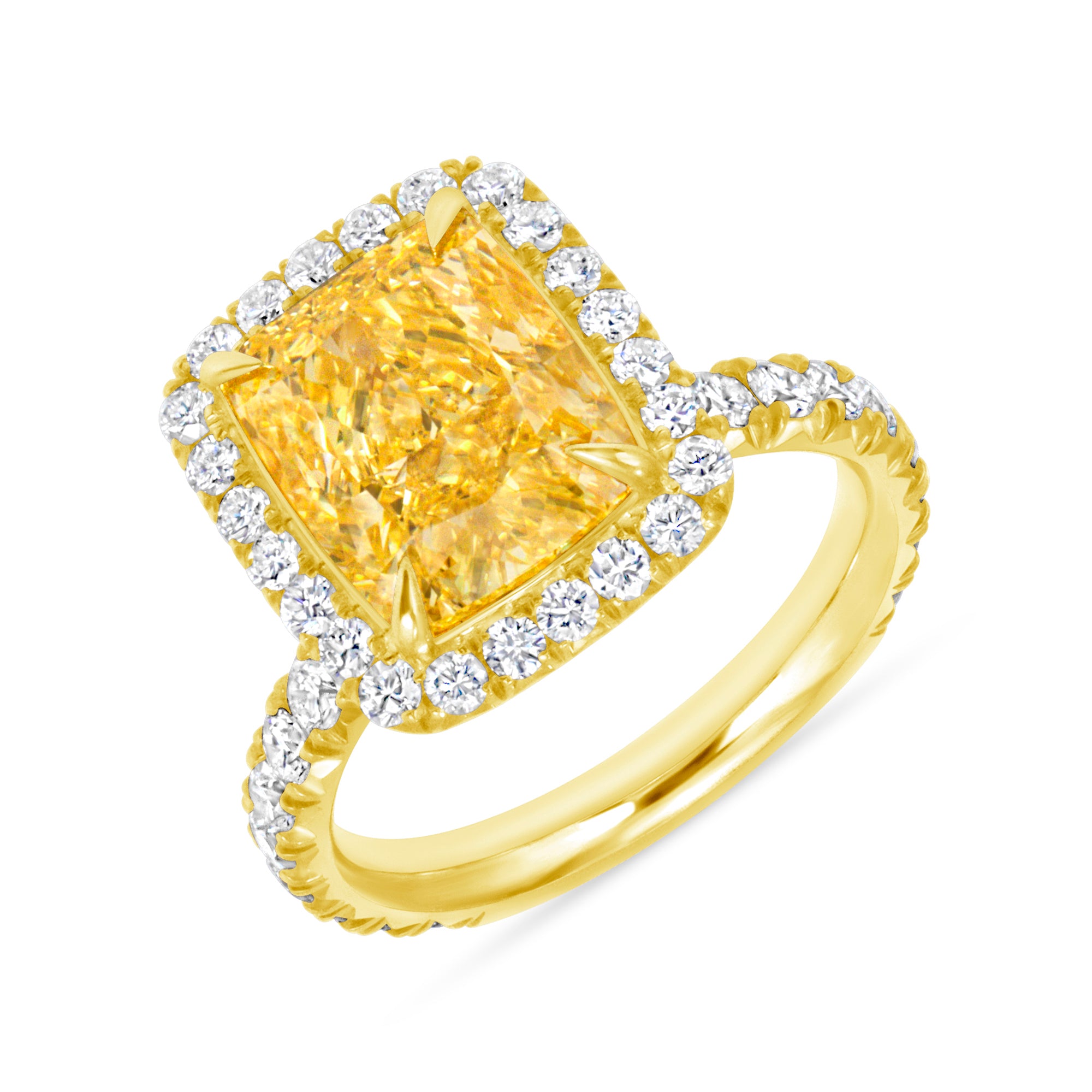 Radiant Cut Fancy Yellow Diamond Halo Ring in 18K Yellow Gold