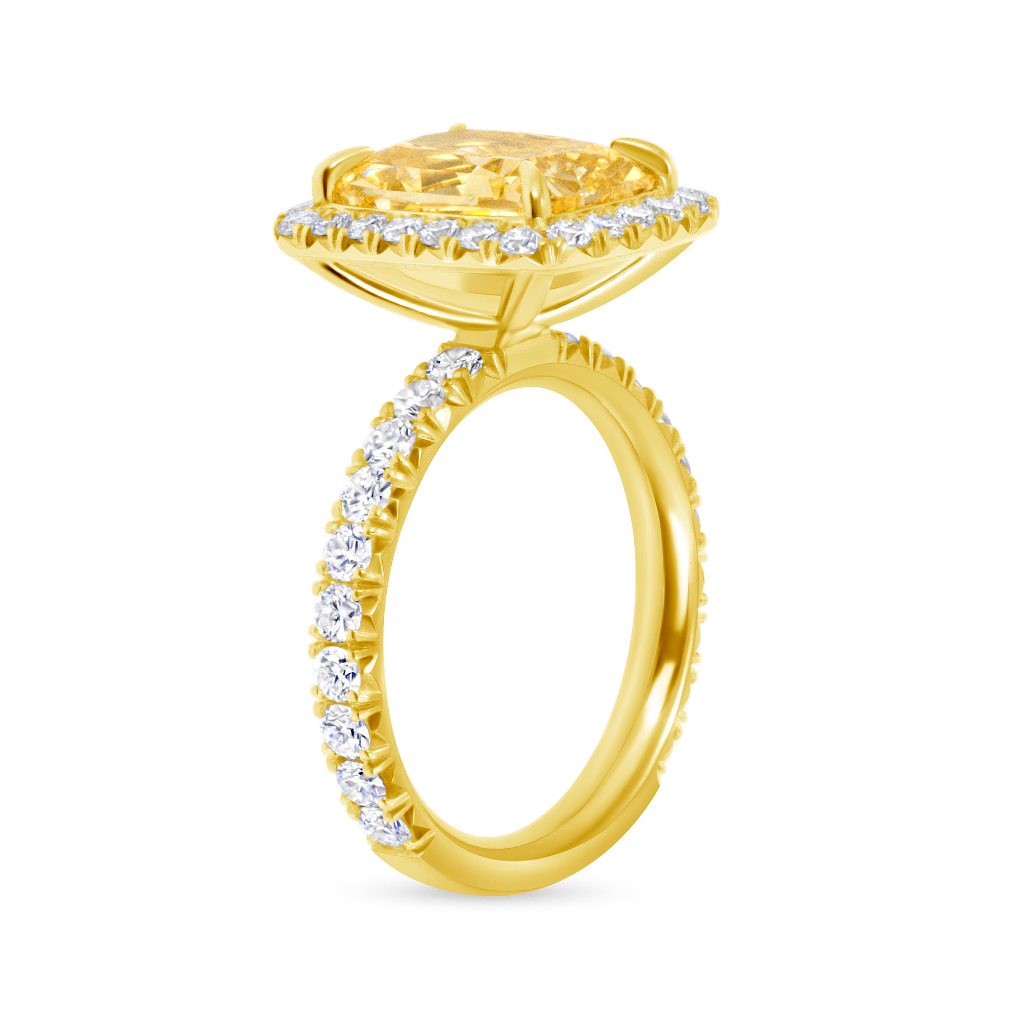 Radiant Cut Fancy Yellow Diamond Halo Ring in 18K Yellow Gold