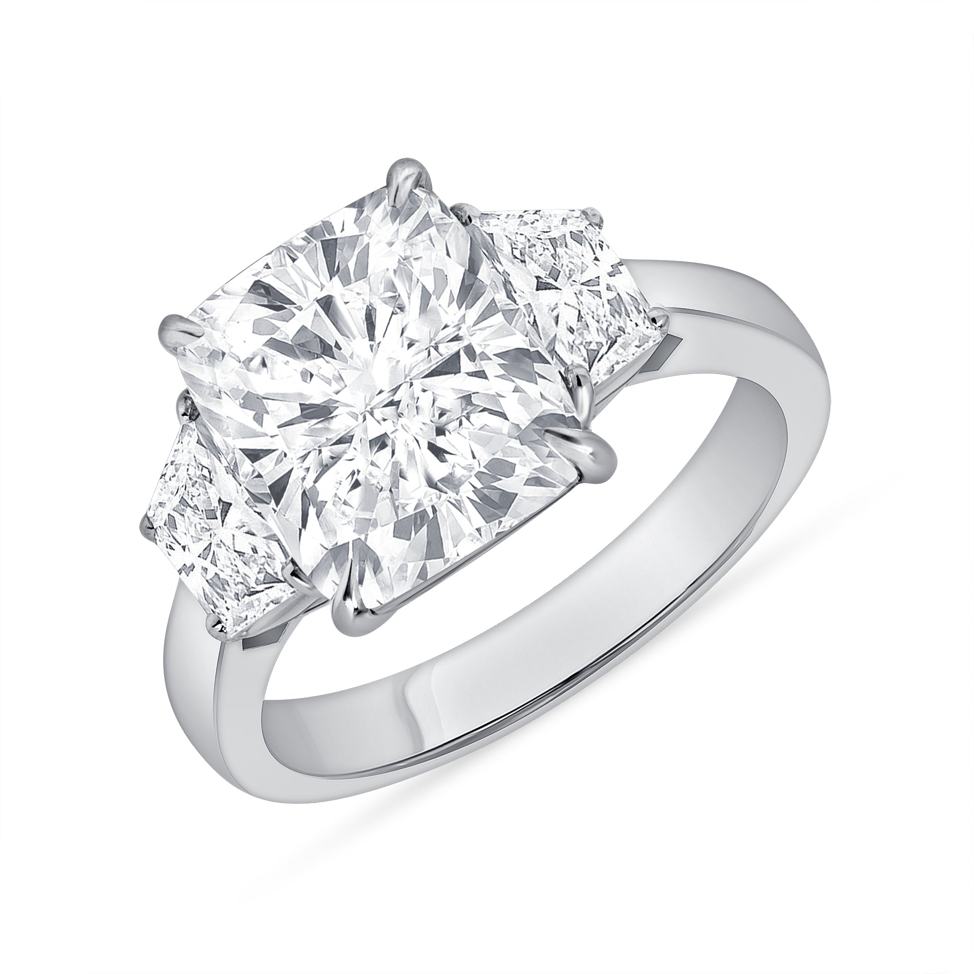 4.05ct Cushion Cut Diamond Three Stone Ring with Trapezoid Side Stones in Platinum Band, GIA Certified