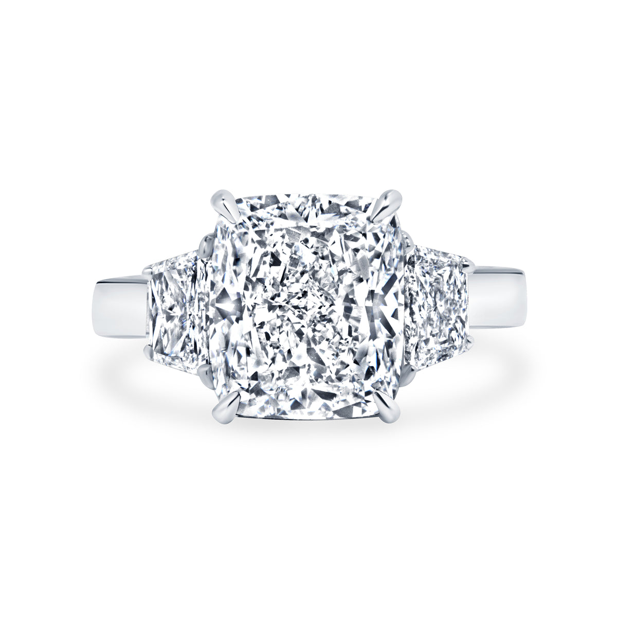 4.05ct Cushion Cut Diamond Three Stone Ring with Trapezoid Side Stones in Platinum Band, GIA Certified