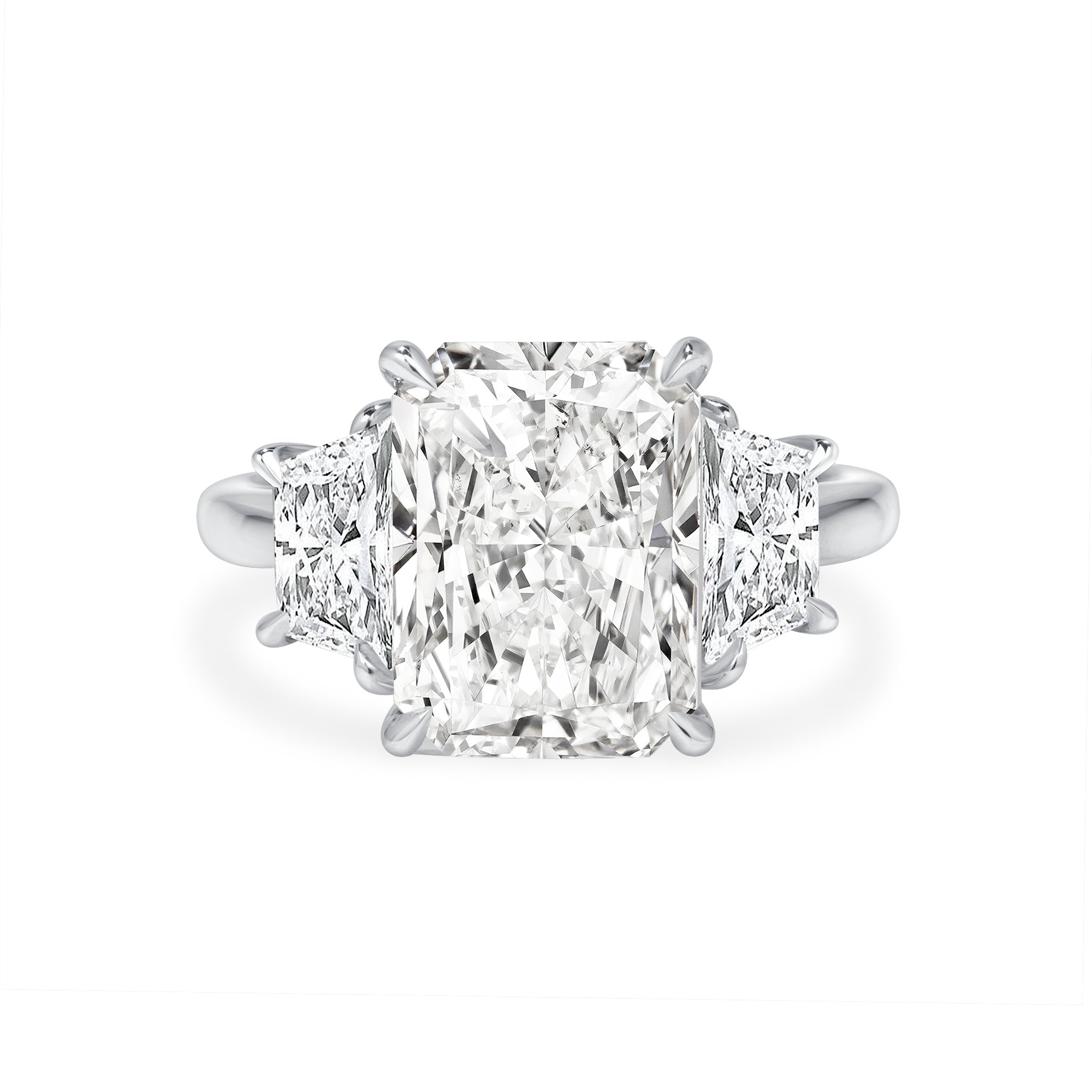 5.01ct Radiant Cut Diamond Three Stone Ring with Trapezoid Side Stones in Platinum Band, GIA Certified