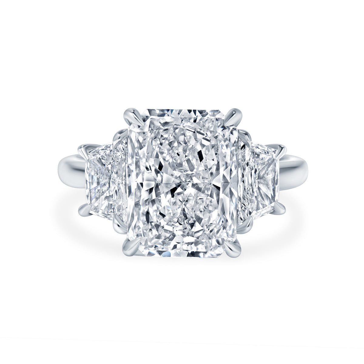 5.01ct Radiant Cut Diamond Three Stone Ring with Trapezoid Side Stones in Platinum Band, GIA Certified