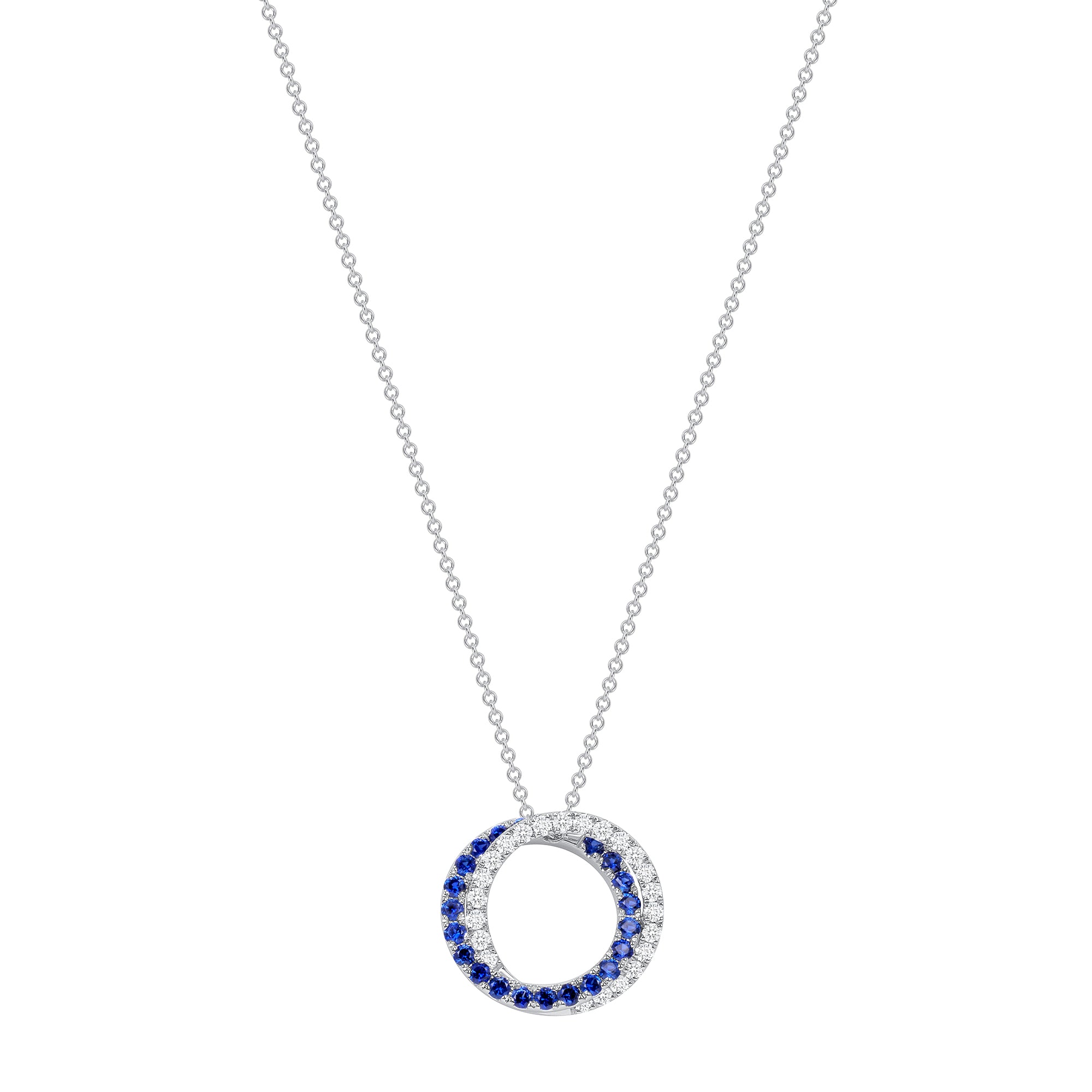 Stacked Diamond and Sapphire Double Hoop Pendant in 18K White Gold
