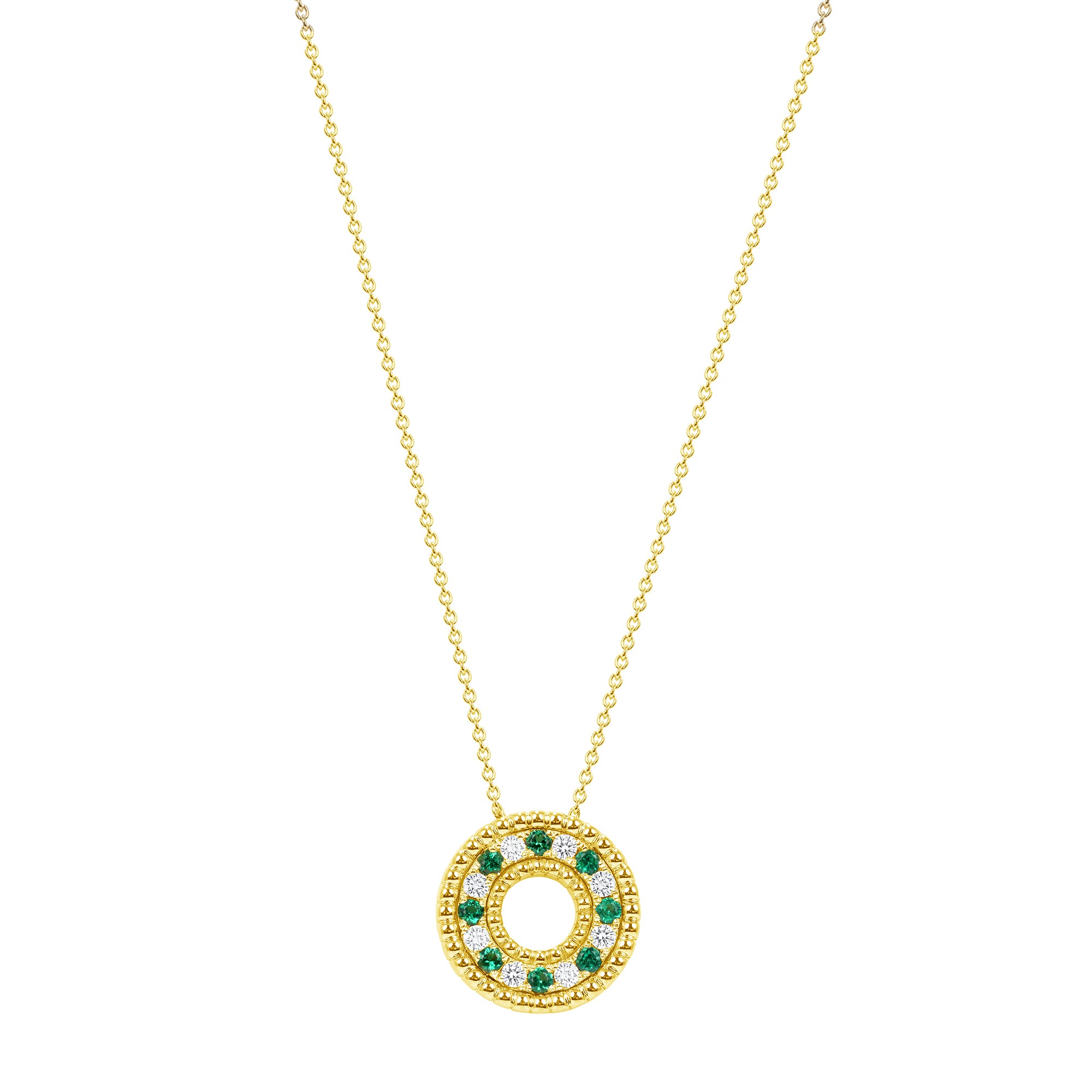 Alternating Round Brilliant Diamond and Emerald Circle Pendant in 18K Yellow Gold